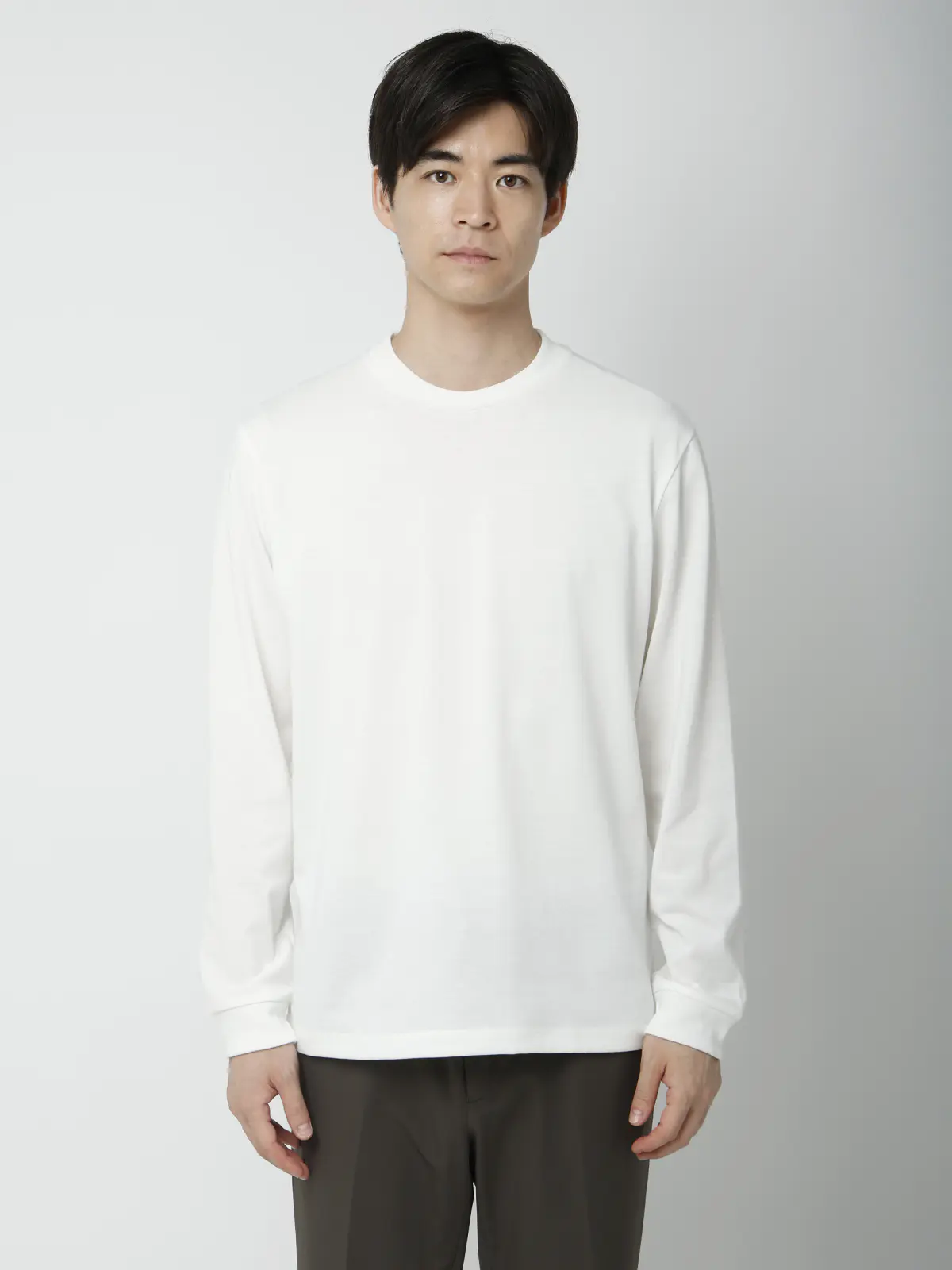 オフィT／Tシャツ／長袖／ウォッシャブル／プレーティング天竺／無地 ホワイト S