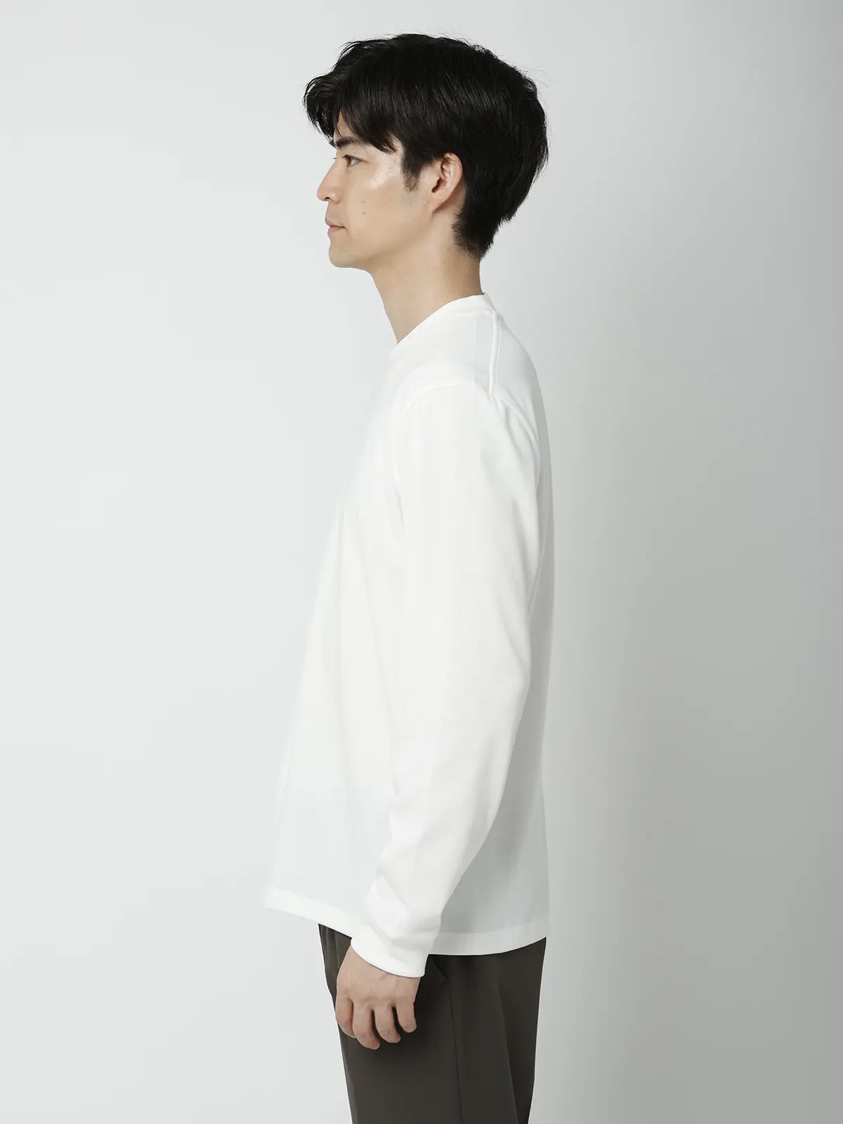 オフィT／Tシャツ／長袖／ウォッシャブル／プレーティング天竺／無地 ホワイト S