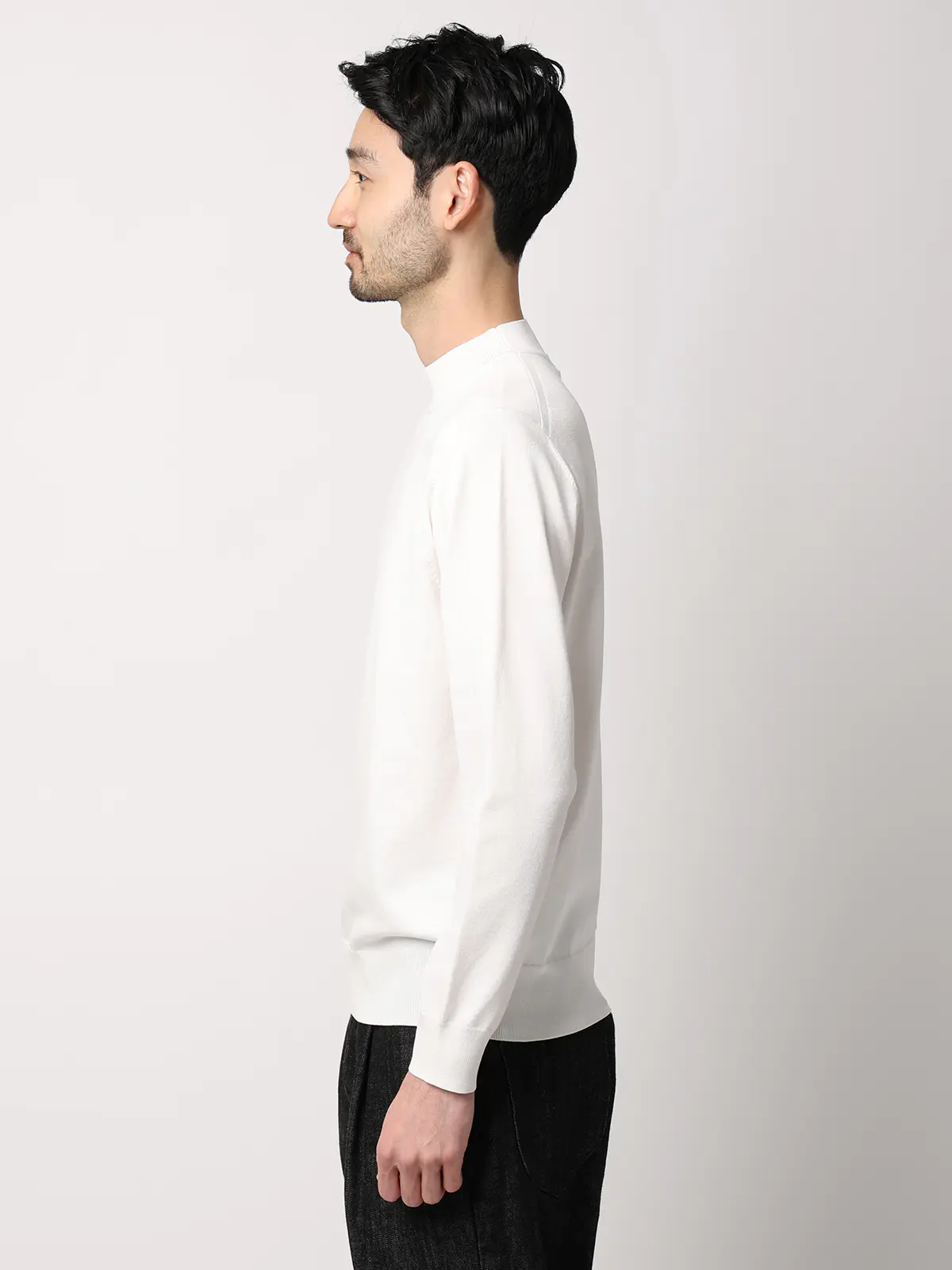 モックネックニット/長袖/ウォッシャブル/プレーティング天竺/無地 ホワイト S