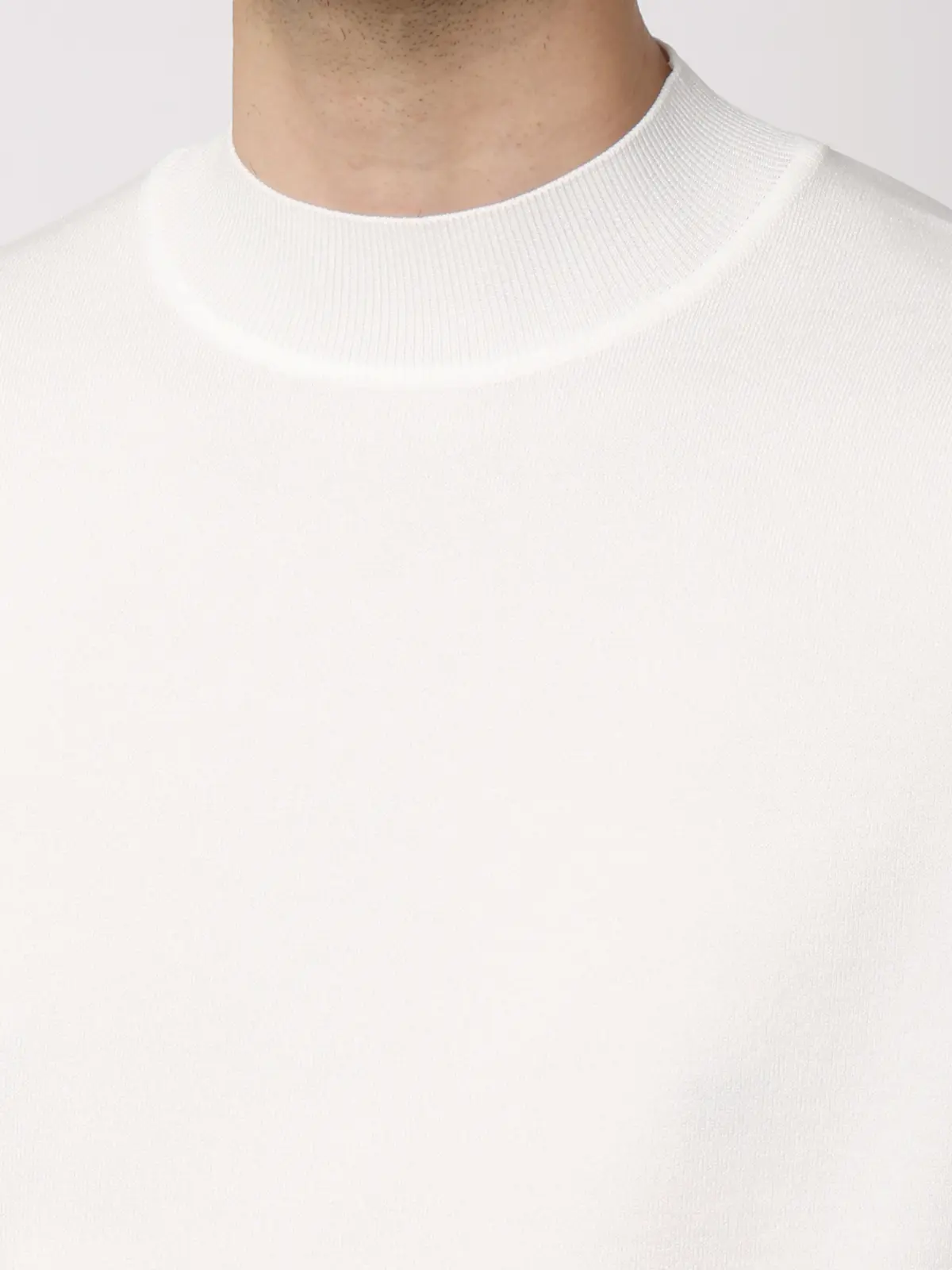 モックネックニット/長袖/ウォッシャブル/プレーティング天竺/無地 ホワイト S