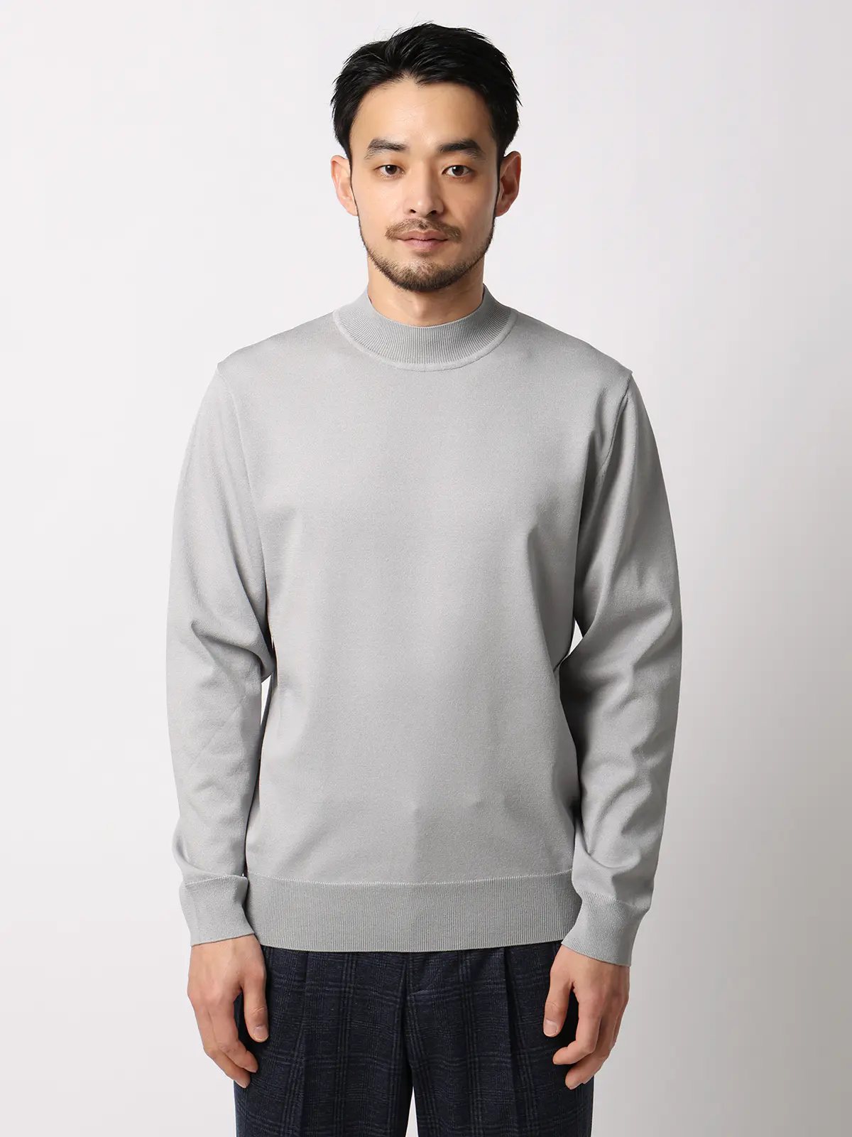 モックネックニット/長袖/ウォッシャブル/プレーティング天竺/無地 ライトグレー S