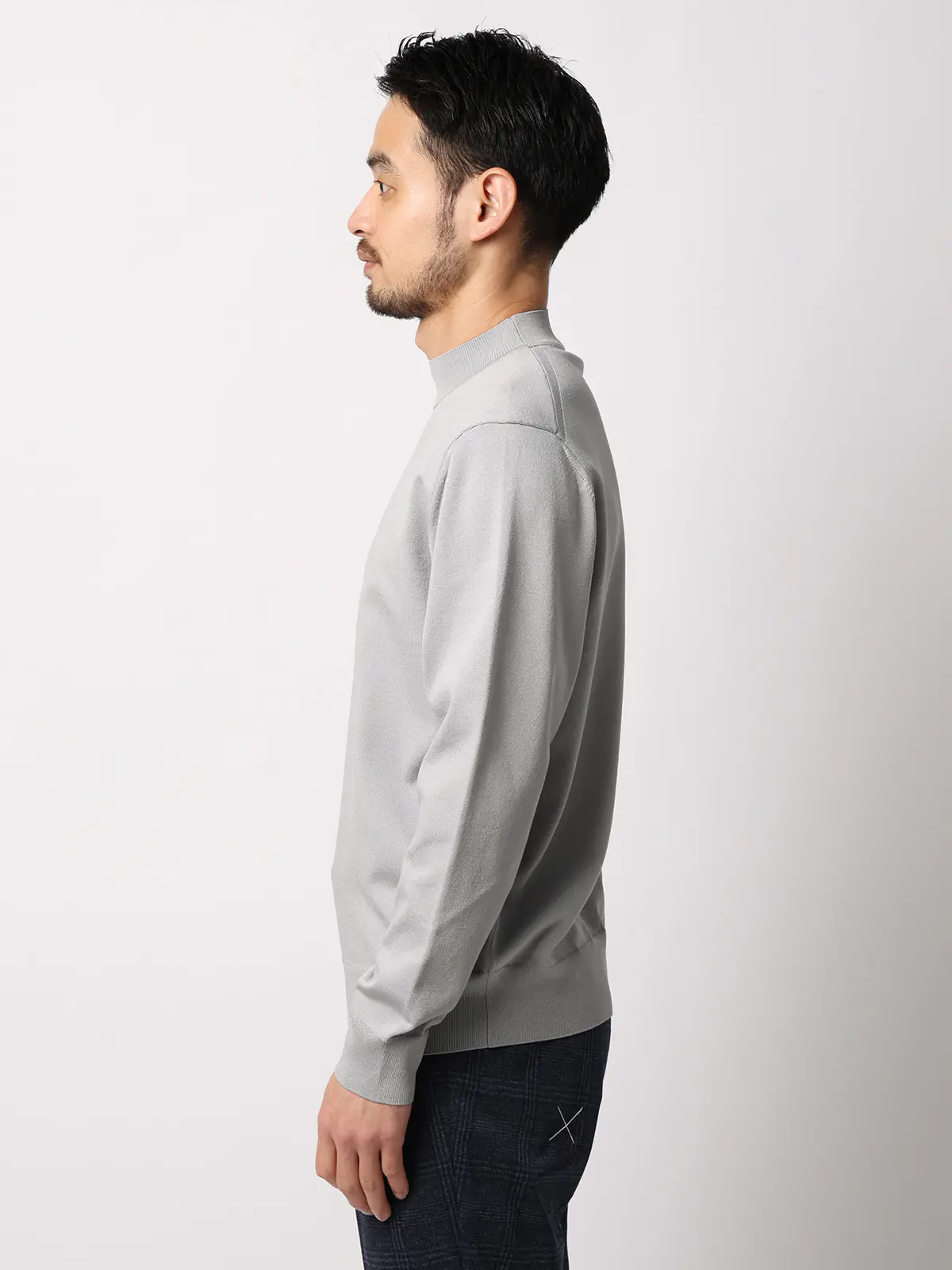 モックネックニット/長袖/ウォッシャブル/プレーティング天竺/無地 ライトグレー S