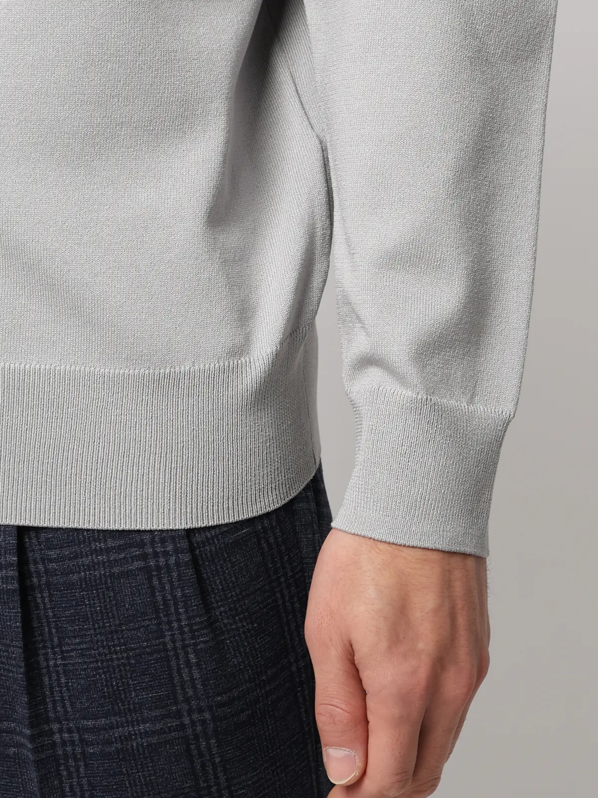 モックネックニット/長袖/ウォッシャブル/プレーティング天竺/無地 ライトグレー S