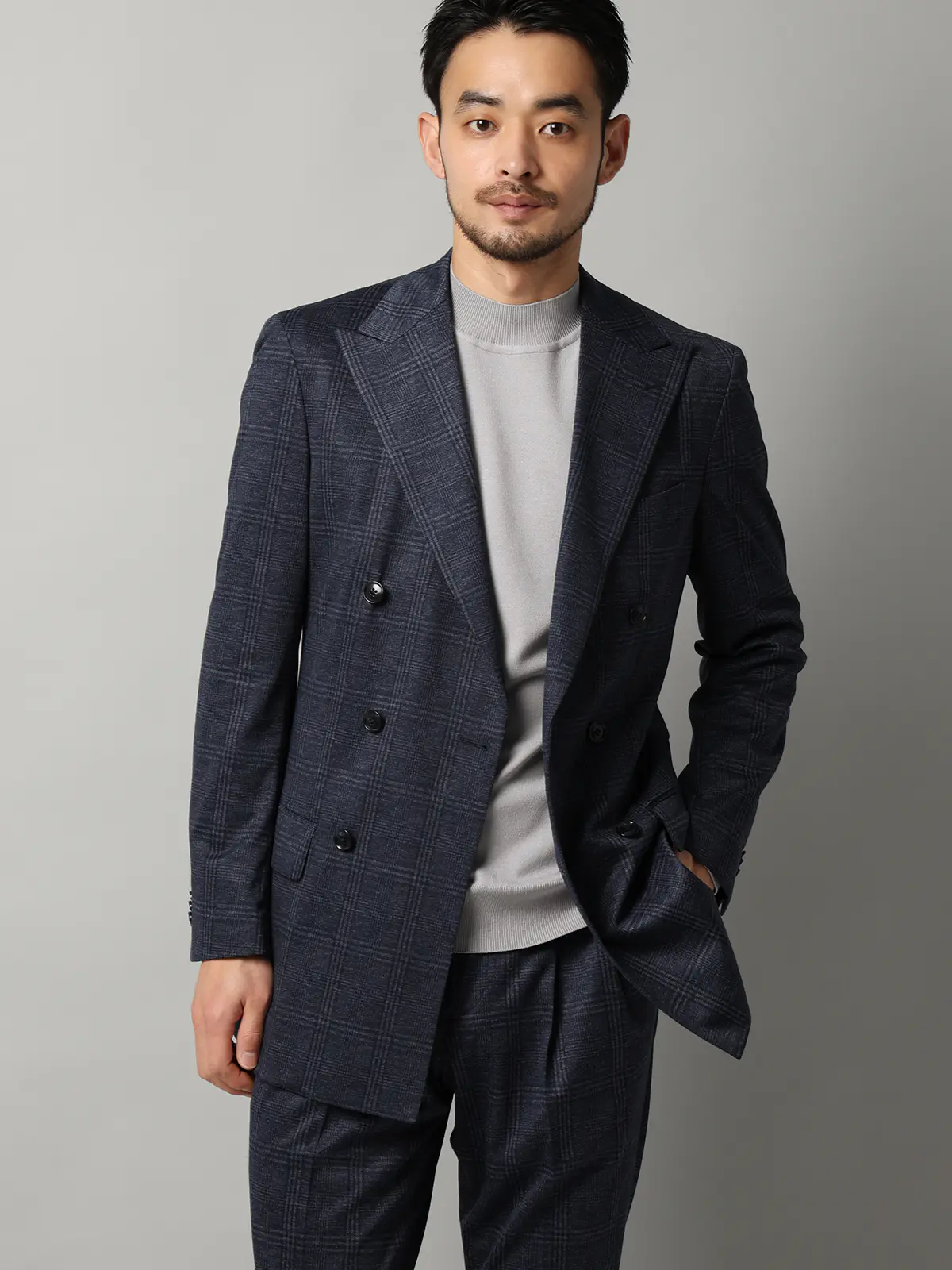 モックネックニット/長袖/ウォッシャブル/プレーティング天竺/無地 ライトグレー S