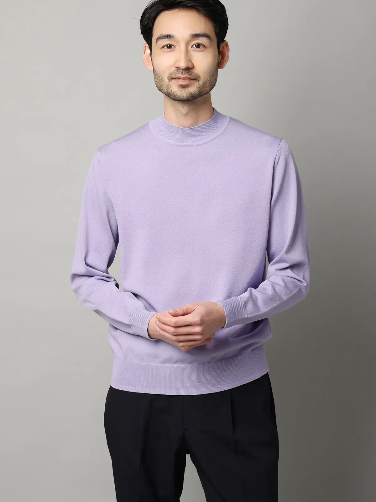 モックネックニット／長袖／ウォッシャブル／プレーティング天竺／無地 ラベンダー S