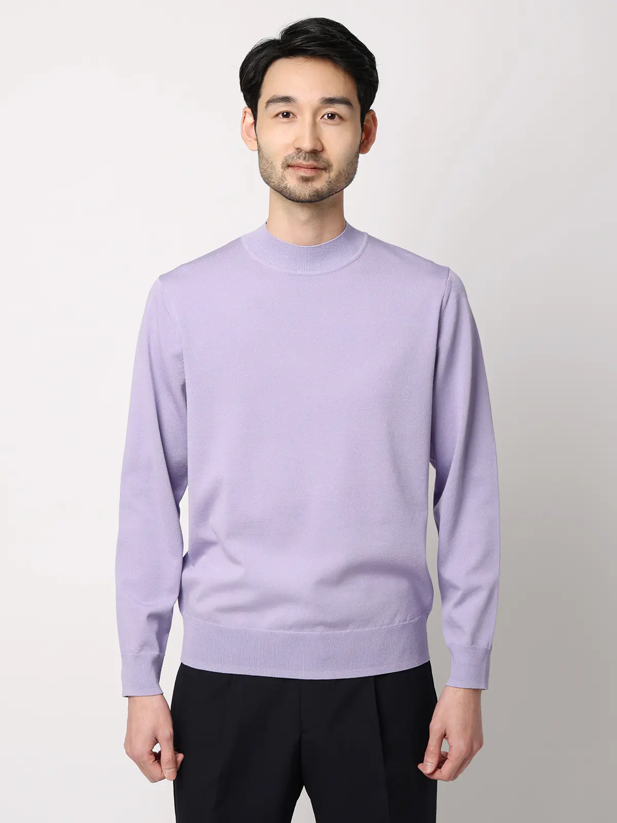 モックネックニット／長袖／ウォッシャブル／プレーティング天竺／無地 ラベンダー S
