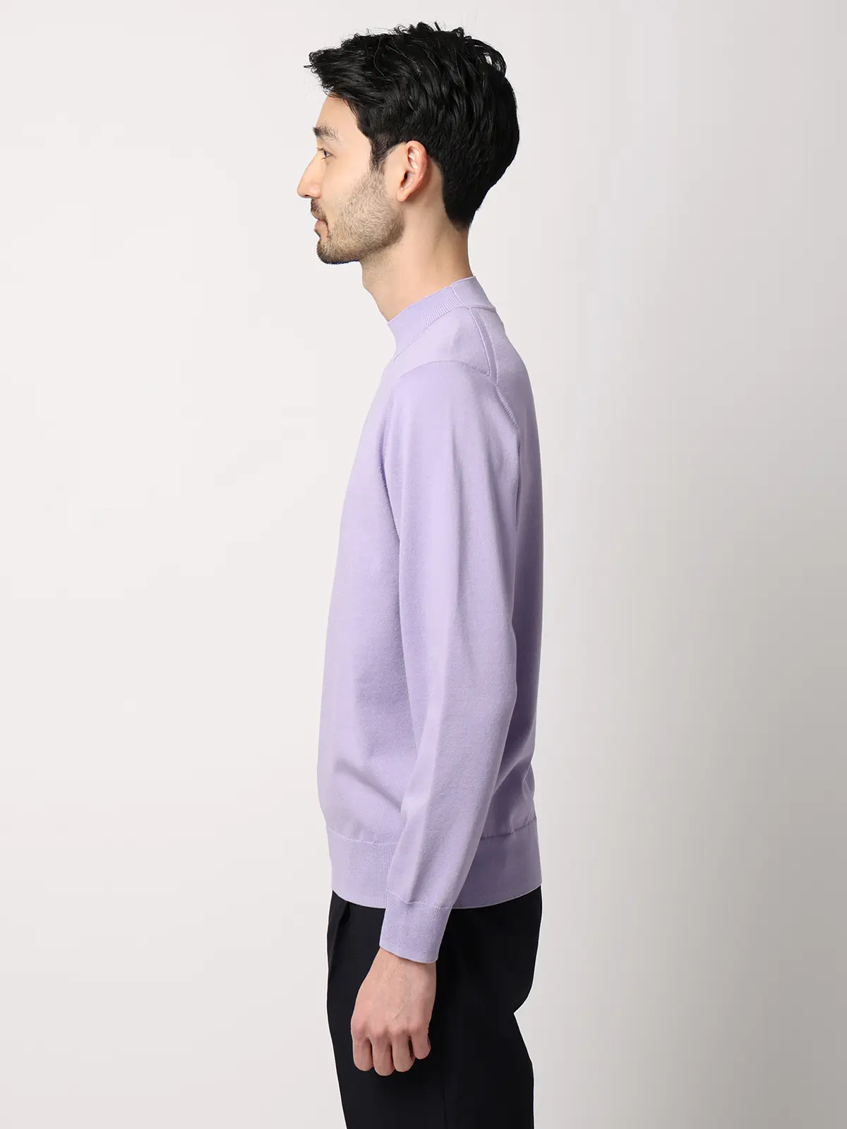 モックネックニット／長袖／ウォッシャブル／プレーティング天竺／無地 ラベンダー S