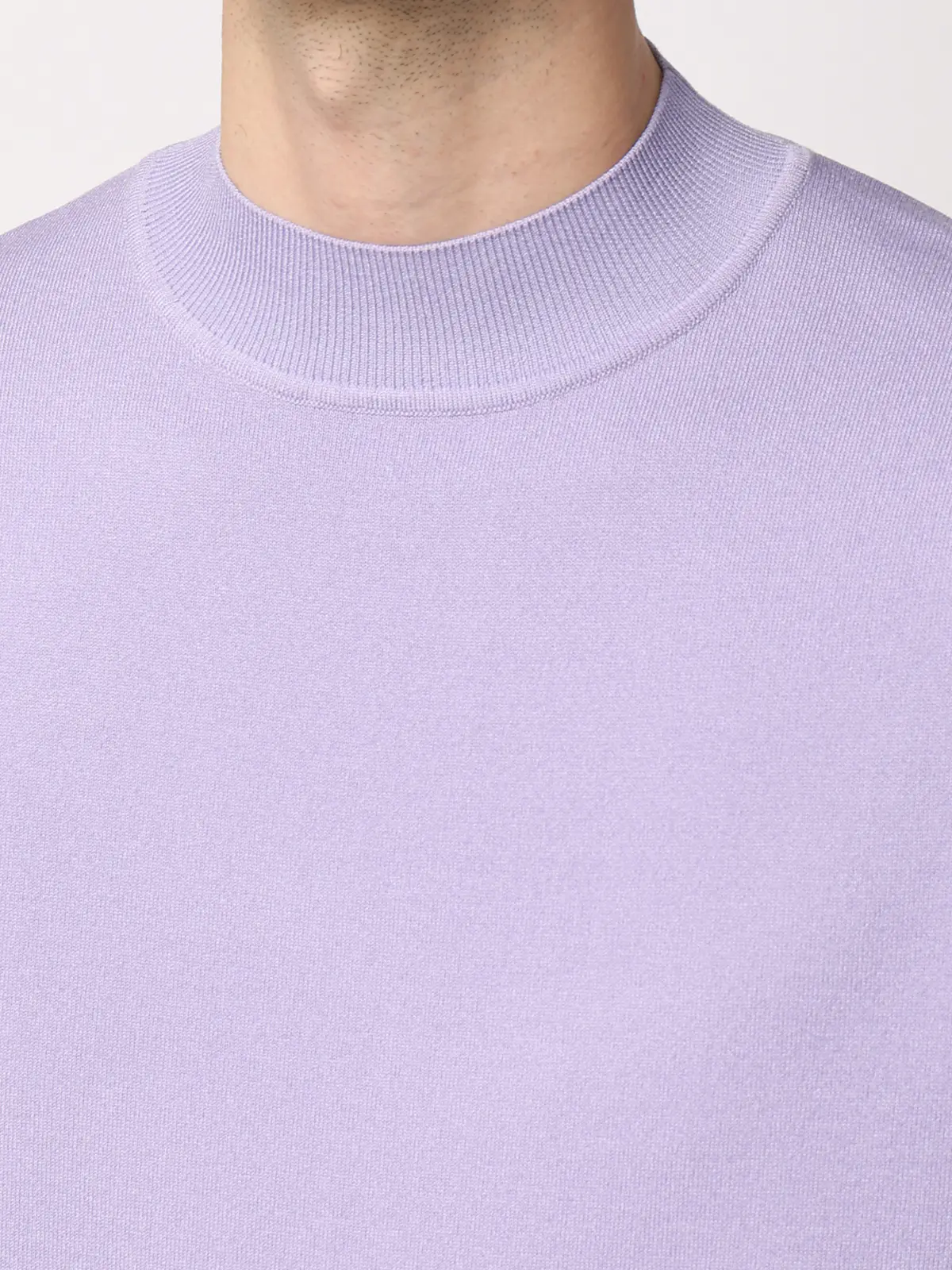 モックネックニット／長袖／ウォッシャブル／プレーティング天竺／無地 ラベンダー S