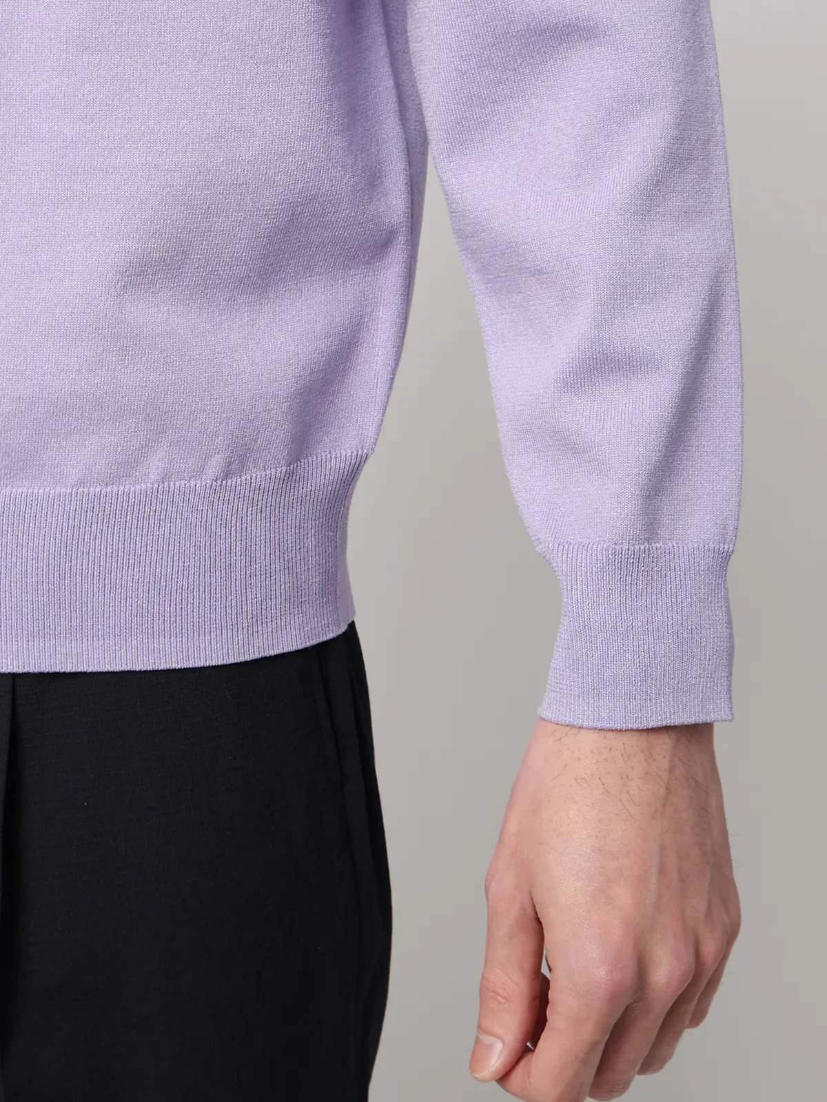 モックネックニット／長袖／ウォッシャブル／プレーティング天竺／無地 ラベンダー S