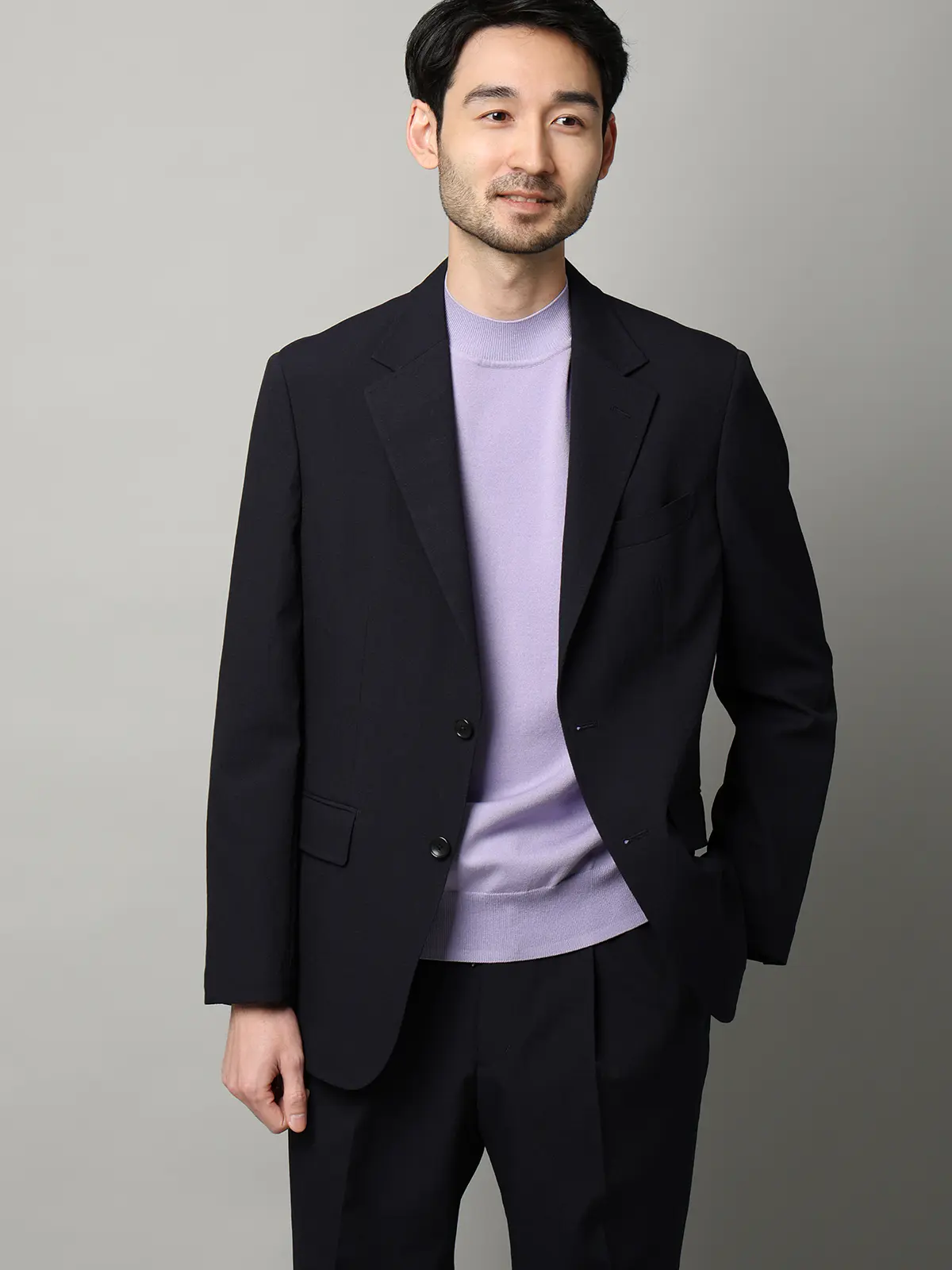 モックネックニット／長袖／ウォッシャブル／プレーティング天竺／無地 ラベンダー S