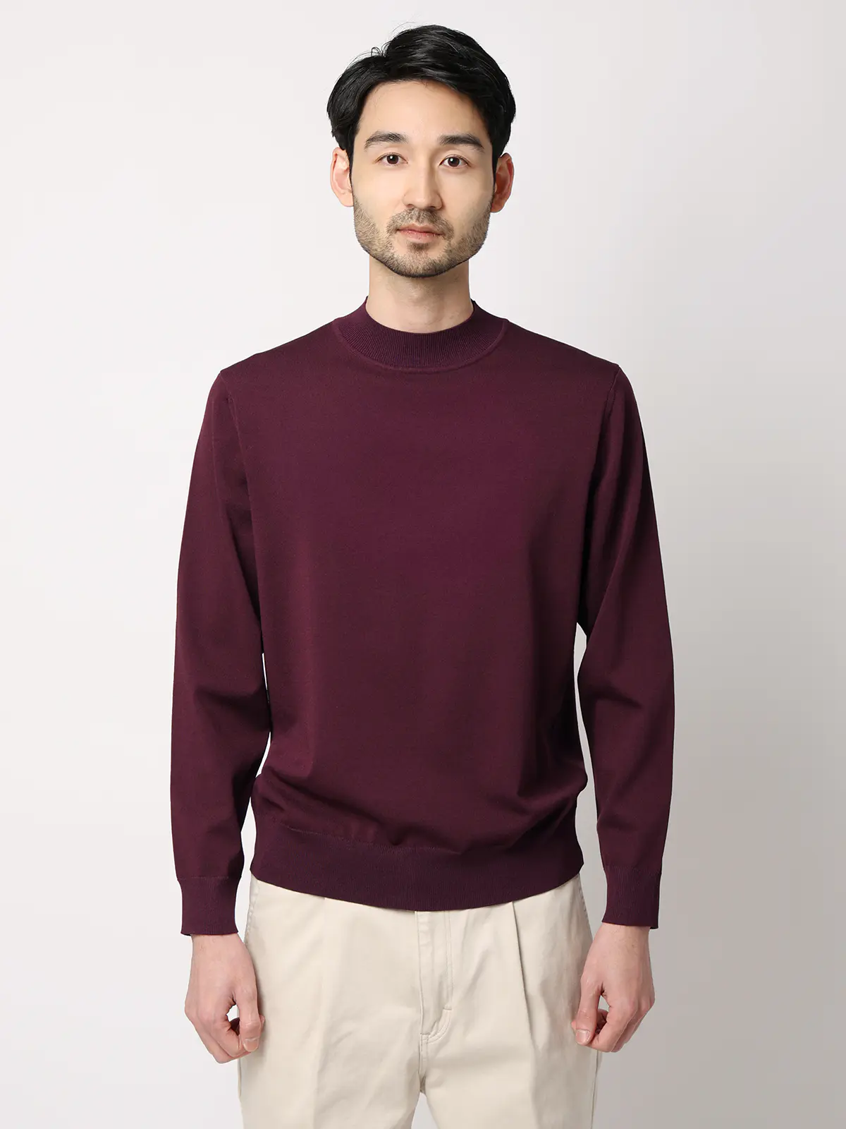 モックネックニット／長袖／ウォッシャブル／プレーティング天竺／無地 パープル S