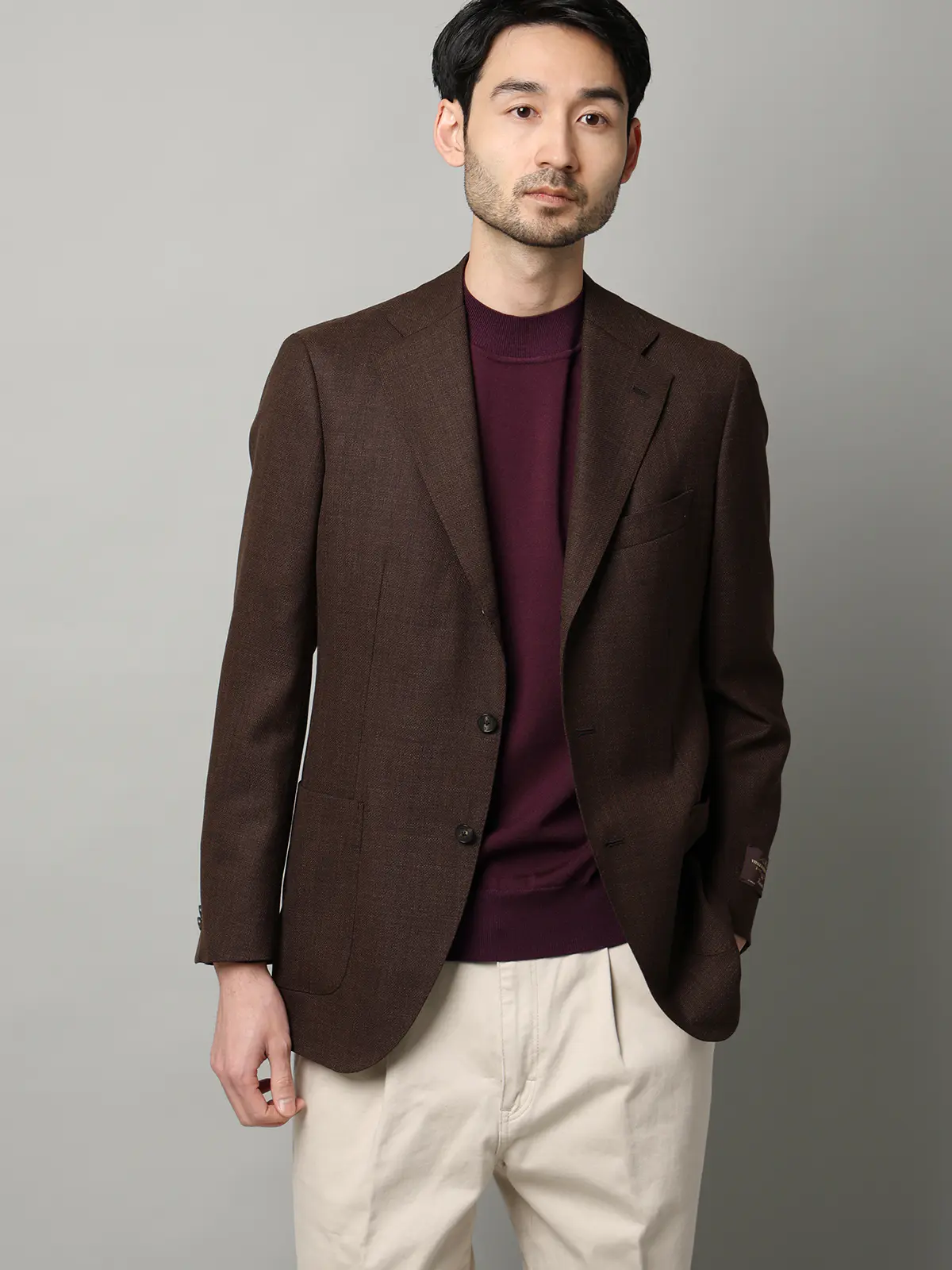 モックネックニット／長袖／ウォッシャブル／プレーティング天竺／無地 パープル S