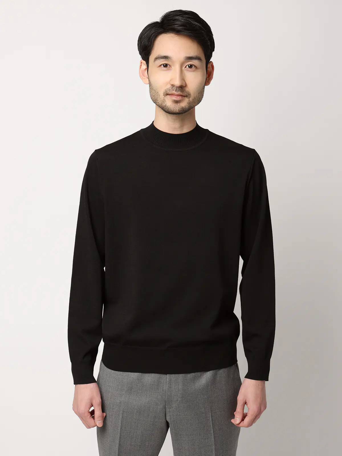 モックネックニット／長袖／ウォッシャブル／プレーティング天竺／無地 ブラック S