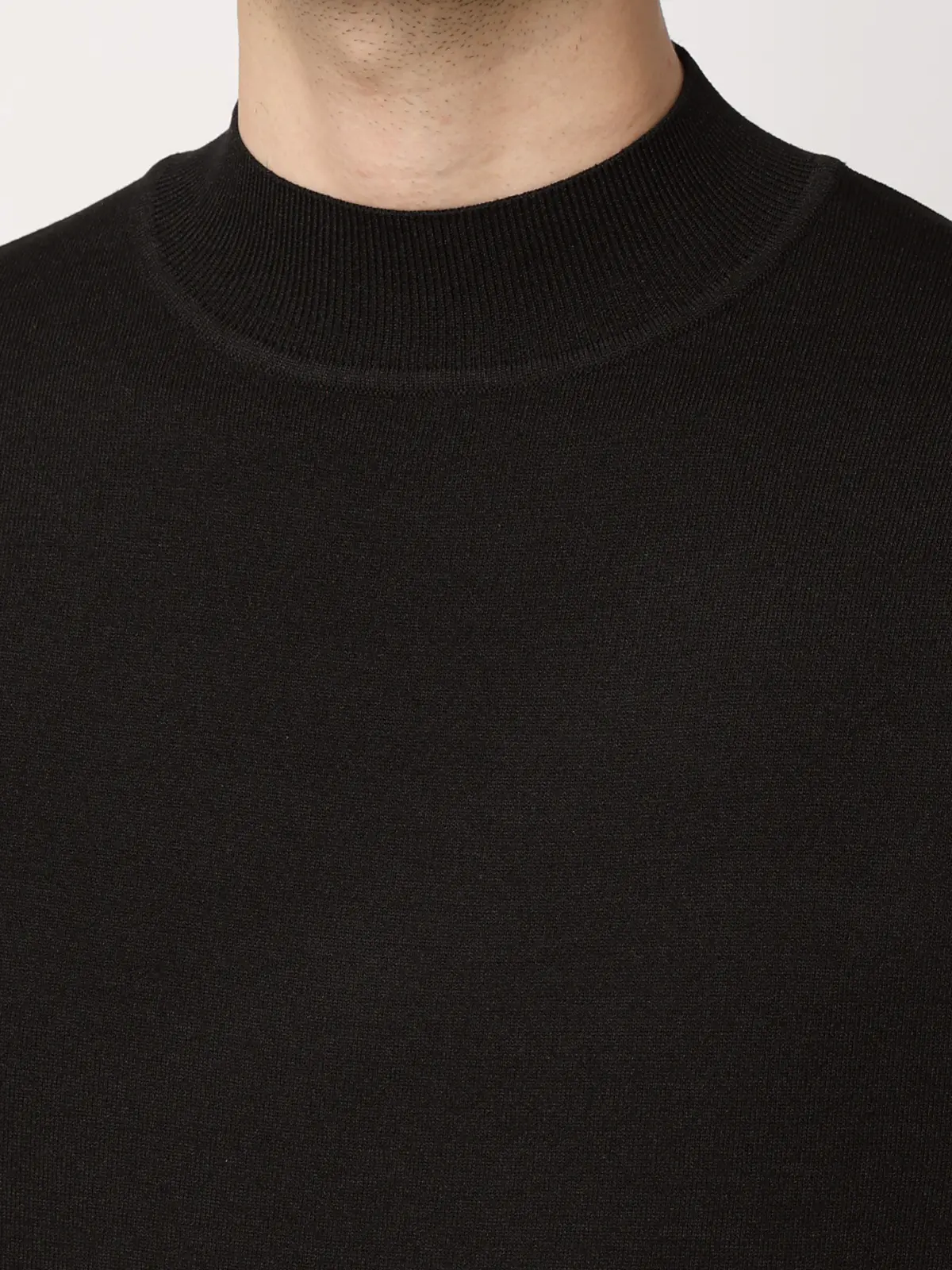 モックネックニット／長袖／ウォッシャブル／プレーティング天竺／無地 ブラック S