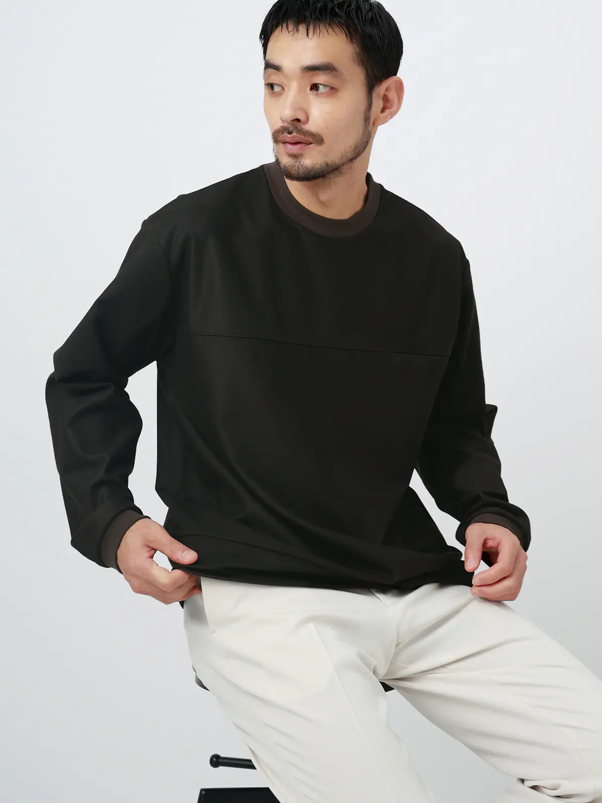 FLAT/Tシャツ /長袖/ウォッシャブル/ストレッチ/スウェードライクニット/無地 ブラウン S