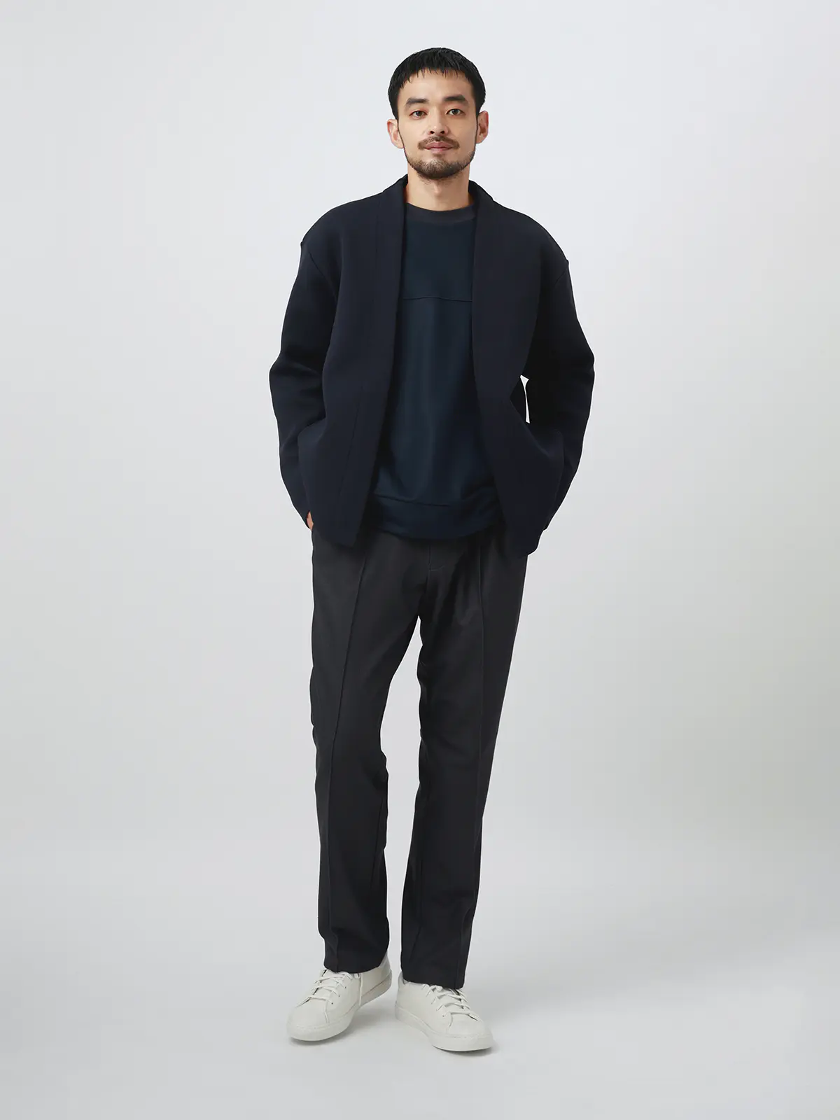FLAT／Tシャツ ／長袖／ウォッシャブル／ストレッチ／スウェードライクニット／無地 ネイビー S