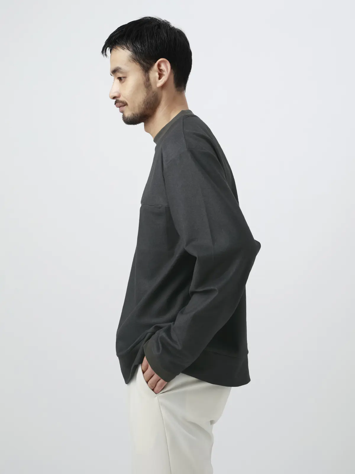 FLAT／Tシャツ ／長袖／ウォッシャブル／ストレッチ／スウェードライクニット／無地 グレー S