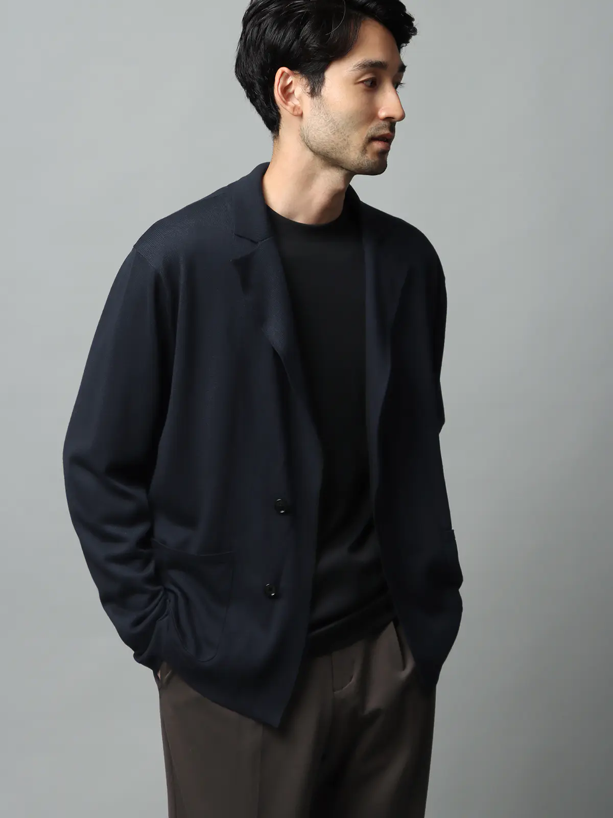 カーディガンジャケット／長袖／ウォッシャブル／オーガニックコットンブレンド天竺／無地 ネイビー S