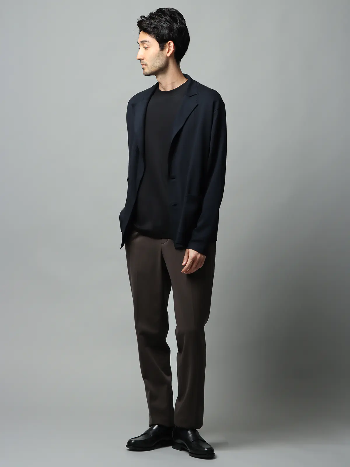 カーディガンジャケット／長袖／ウォッシャブル／オーガニックコットンブレンド天竺／無地 ネイビー S