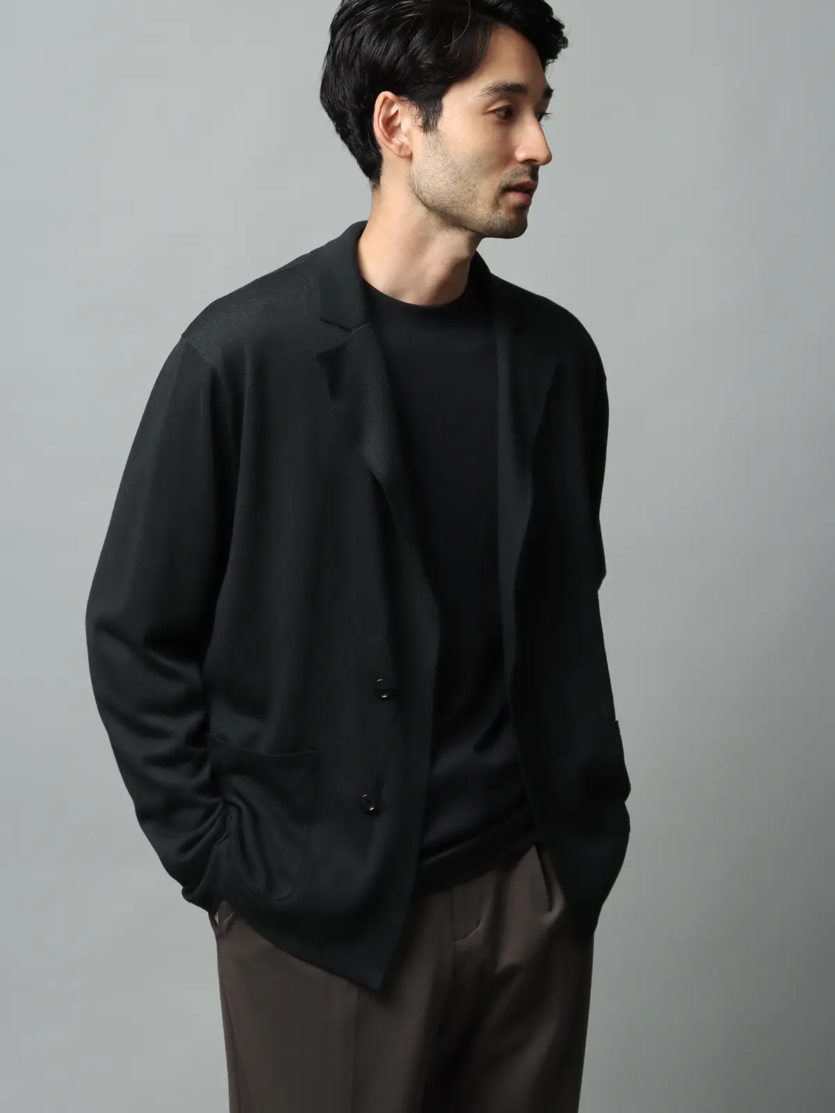 カーディガンジャケット／長袖／ウォッシャブル／オーガニックコットンブレンド天竺／無地 ブラック S