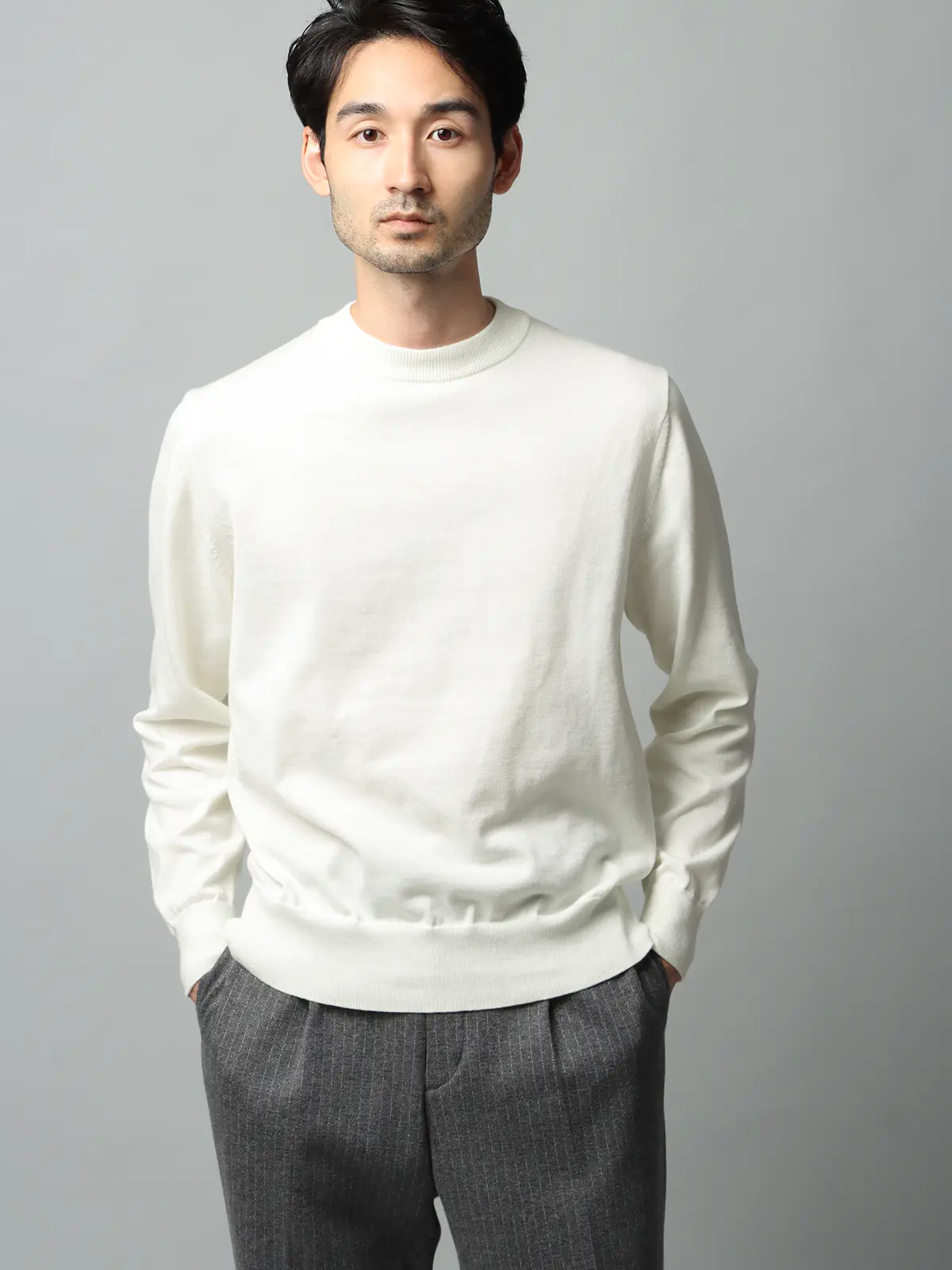 クルーネックニット/長袖/ウォッシャブル/オーガニックコットンブレンド天竺/無地 ホワイト S