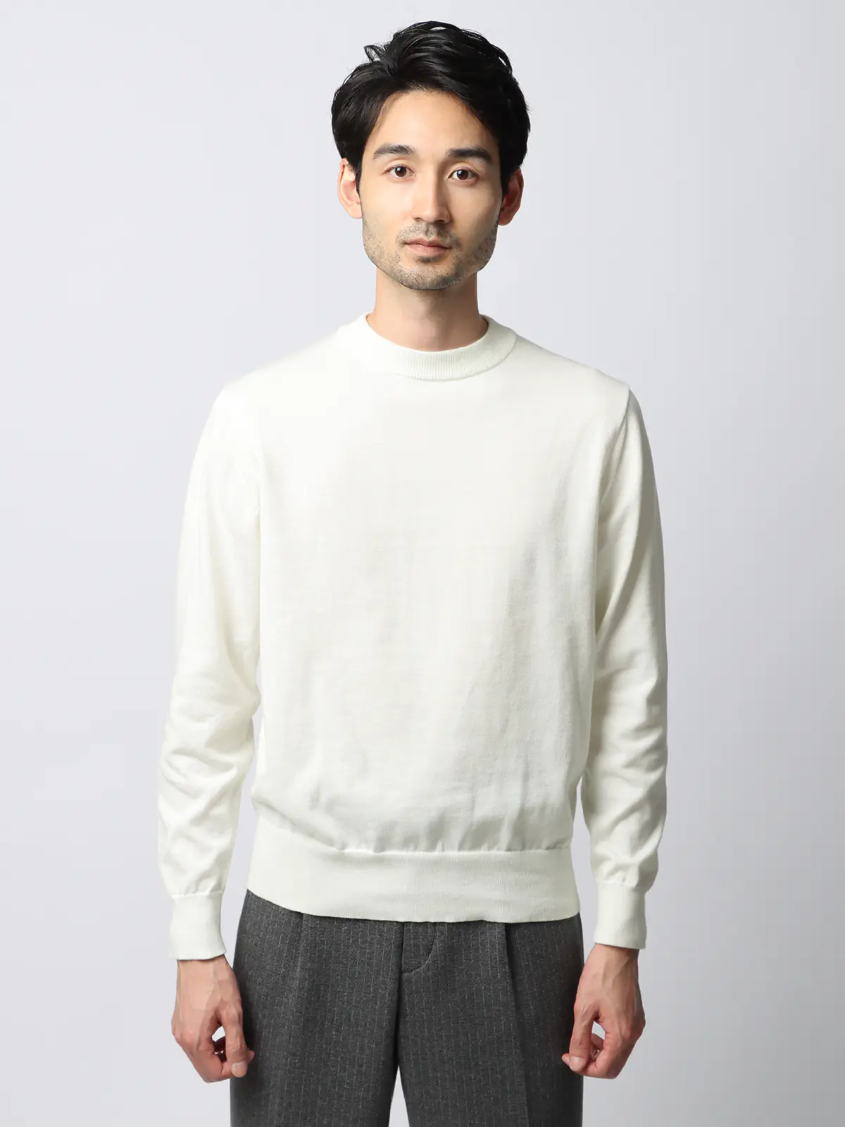 クルーネックニット/長袖/ウォッシャブル/オーガニックコットンブレンド天竺/無地 ホワイト S