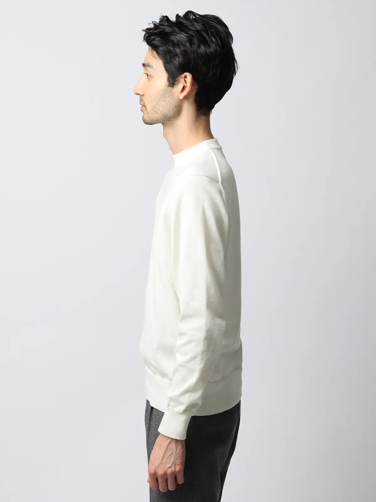 クルーネックニット/長袖/ウォッシャブル/オーガニックコットンブレンド天竺/無地 ホワイト S