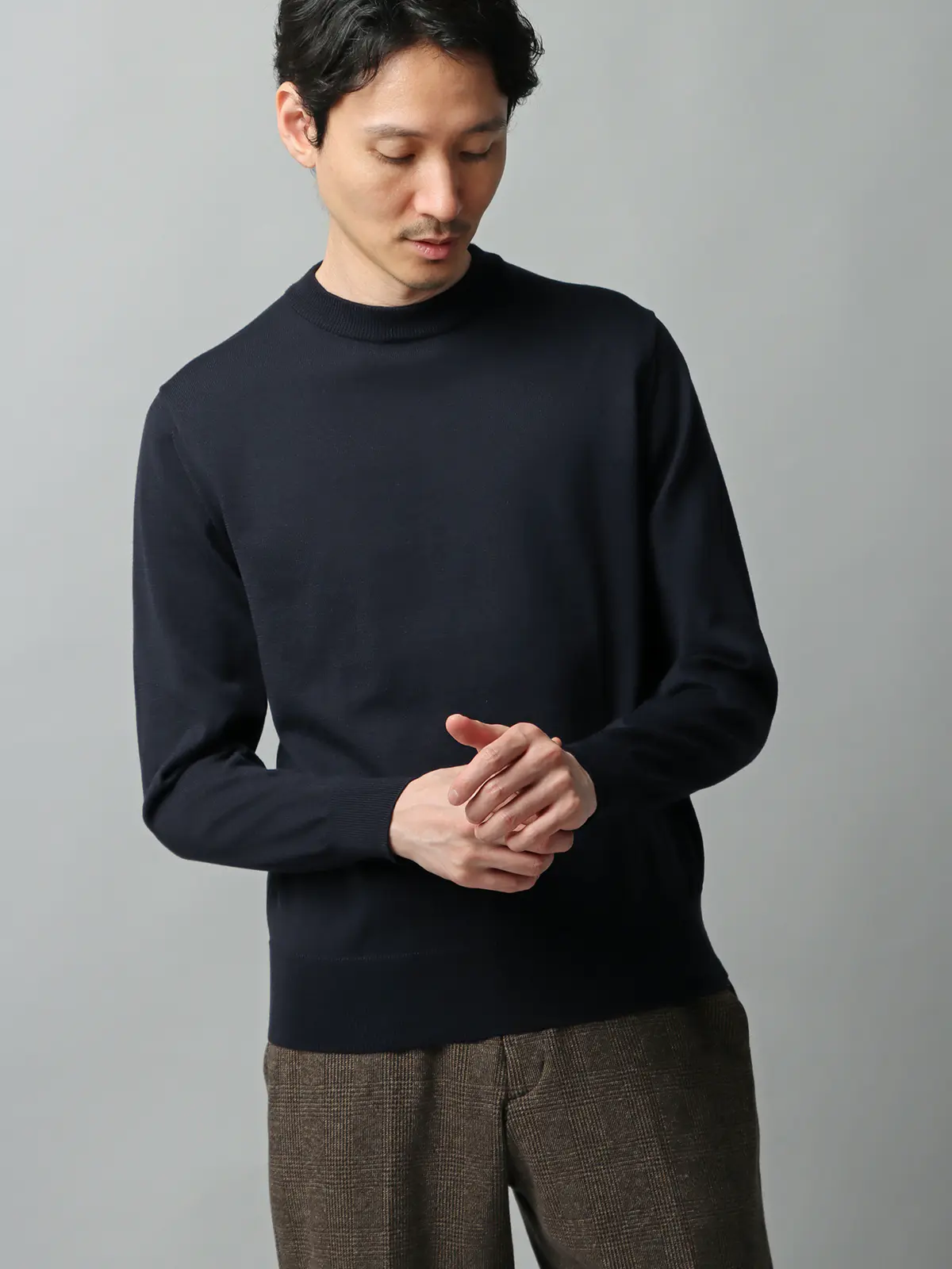 クルーネックニット／長袖／ウォッシャブル／オーガニックコットンブレンド天竺／無地 ネイビー S