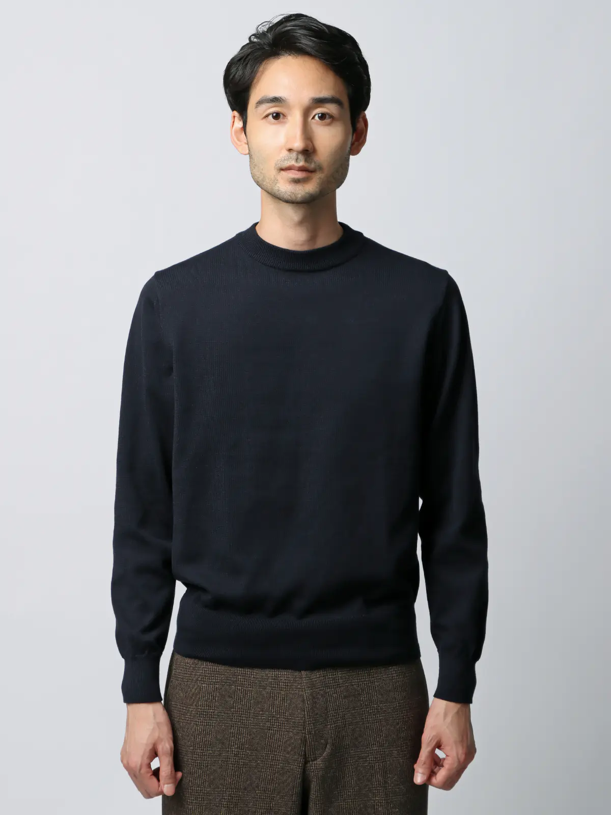 クルーネックニット／長袖／ウォッシャブル／オーガニックコットンブレンド天竺／無地 ネイビー S