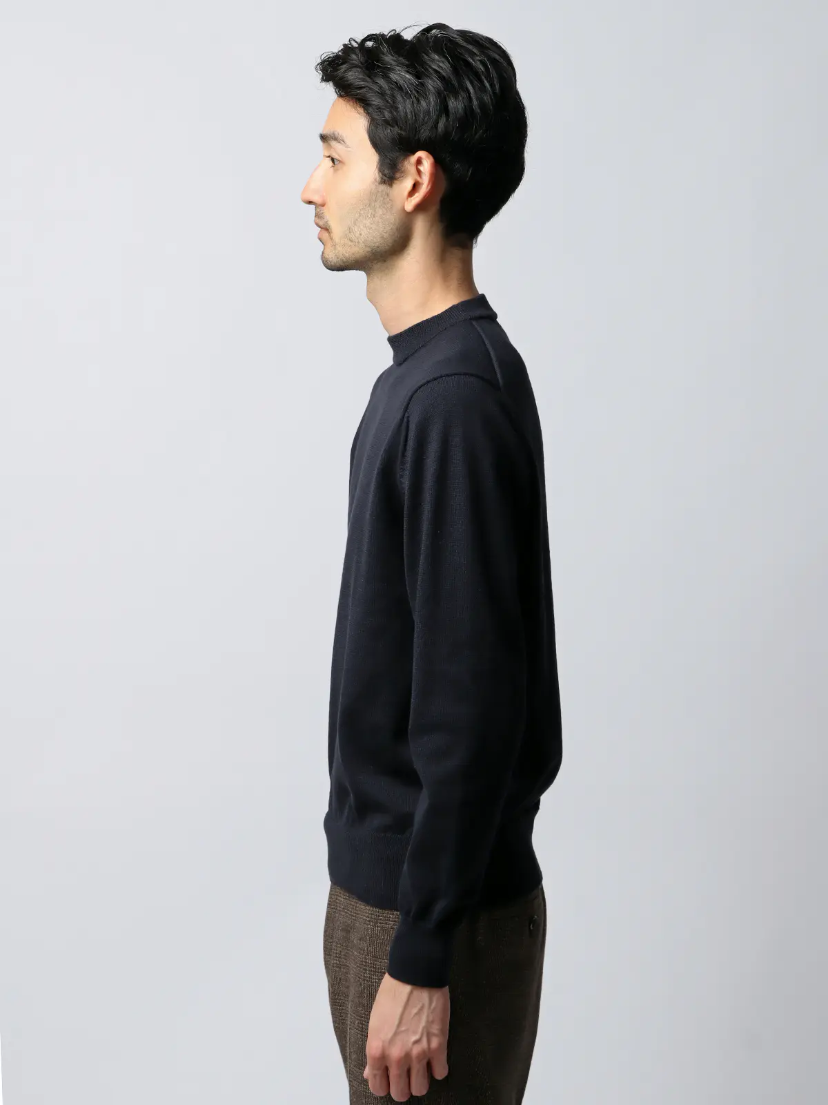 クルーネックニット／長袖／ウォッシャブル／オーガニックコットンブレンド天竺／無地 ネイビー S