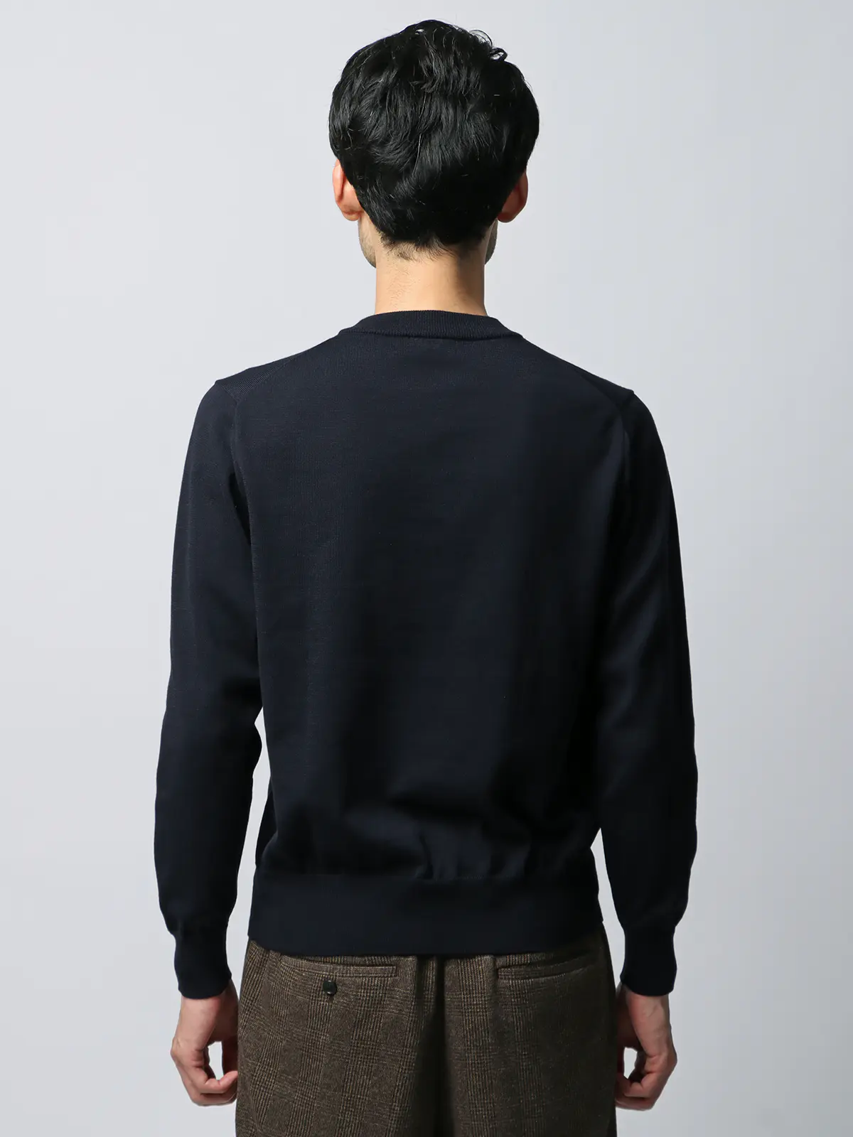 クルーネックニット／長袖／ウォッシャブル／オーガニックコットンブレンド天竺／無地 ネイビー S