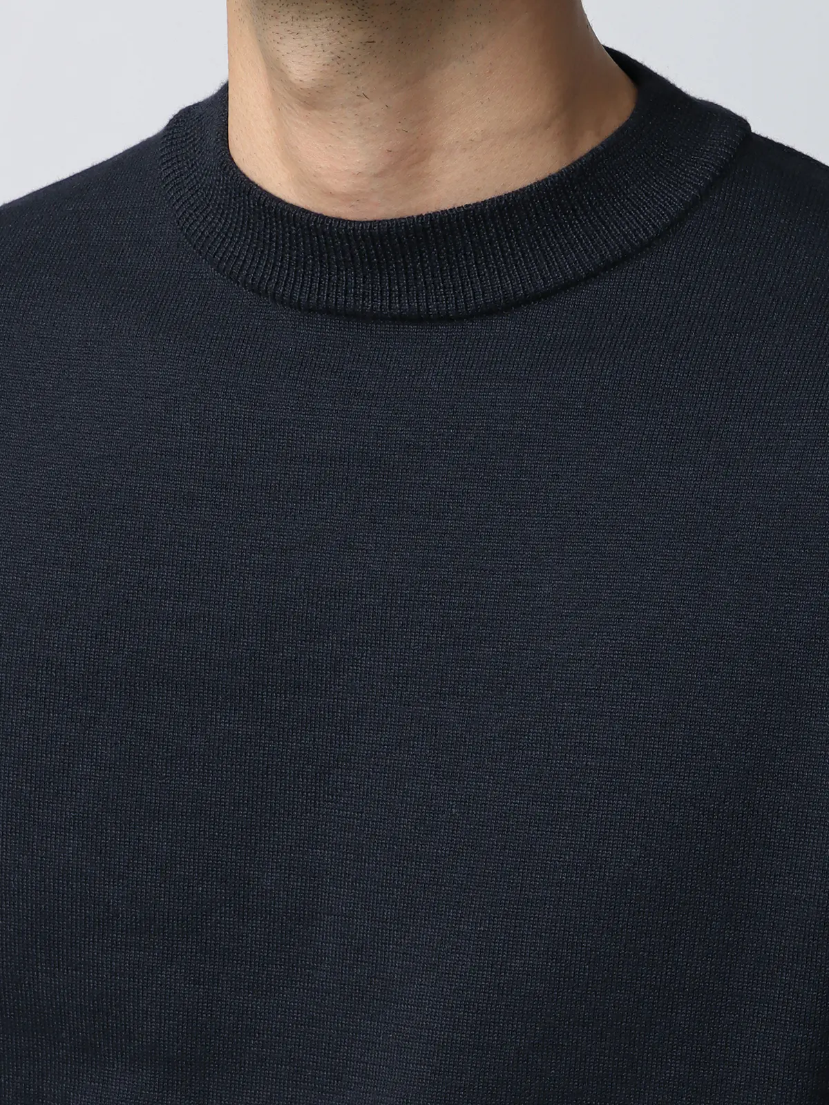 クルーネックニット／長袖／ウォッシャブル／オーガニックコットンブレンド天竺／無地 ネイビー S
