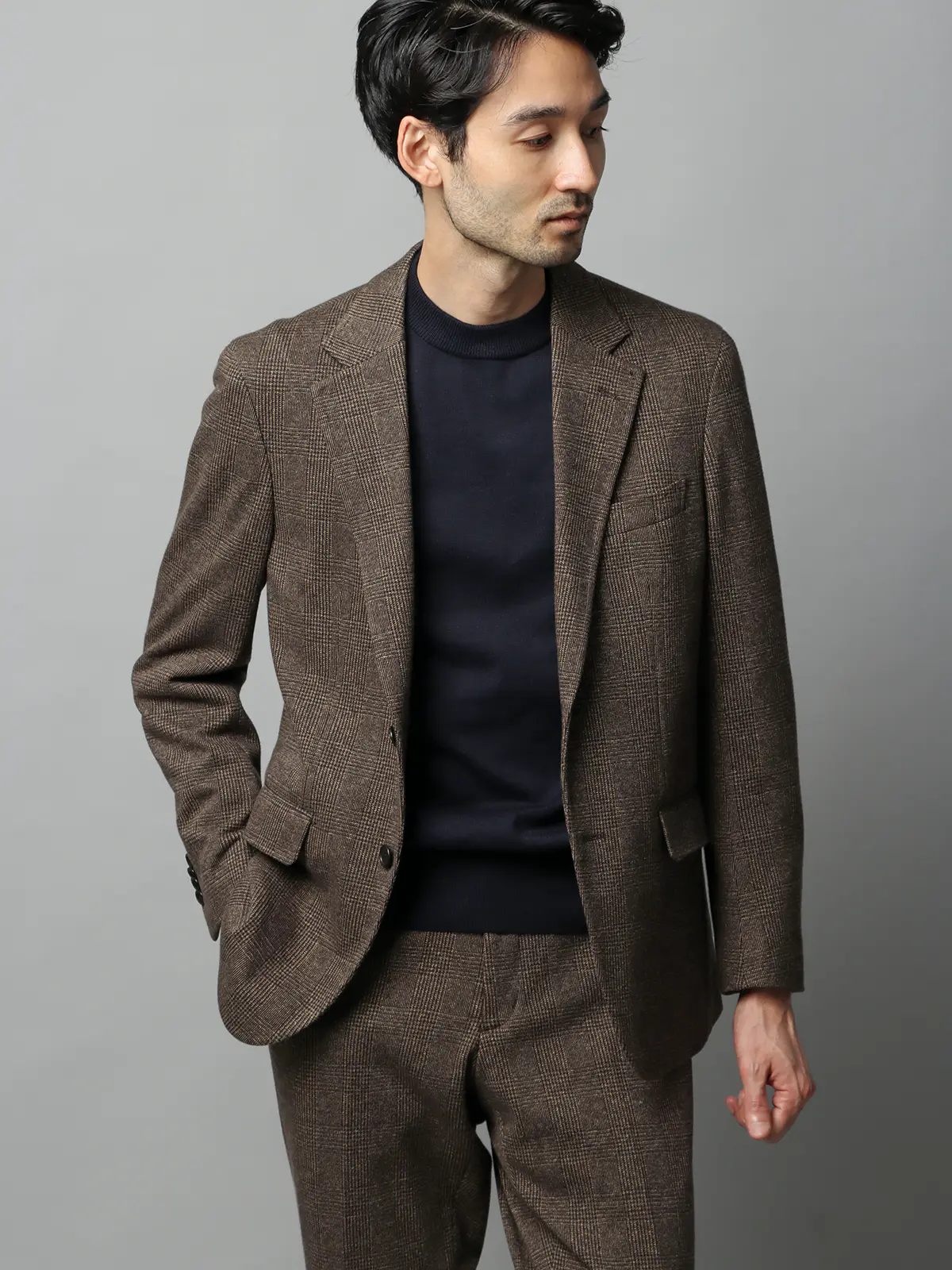 クルーネックニット／長袖／ウォッシャブル／オーガニックコットンブレンド天竺／無地 ネイビー S