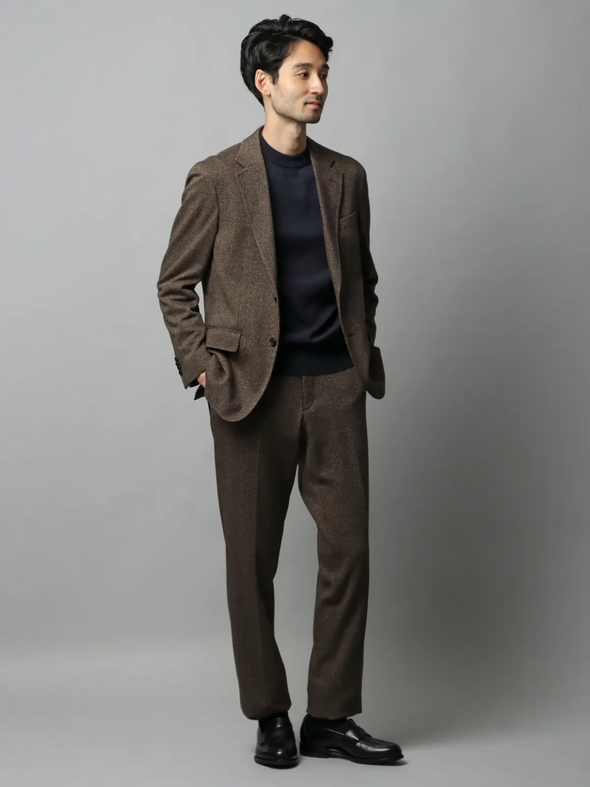 クルーネックニット／長袖／ウォッシャブル／オーガニックコットンブレンド天竺／無地 ネイビー S