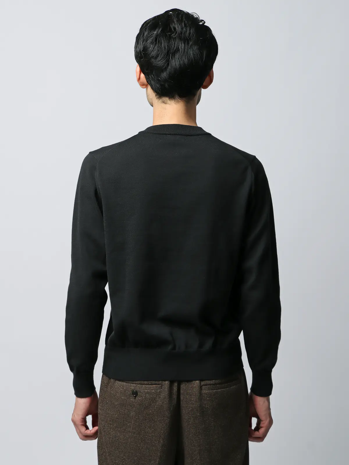 クルーネックニット／長袖／ウォッシャブル／オーガニックコットンブレンド天竺／無地 ブラック S