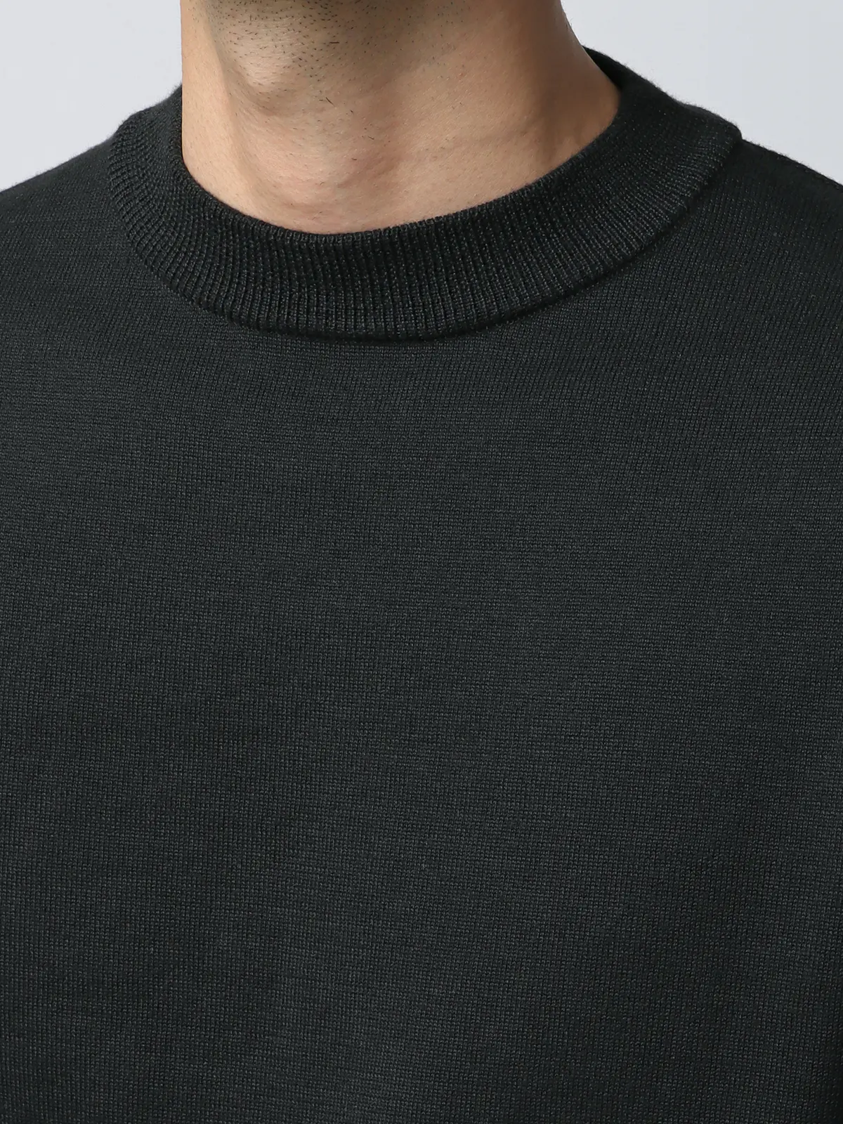 クルーネックニット／長袖／ウォッシャブル／オーガニックコットンブレンド天竺／無地 ブラック S