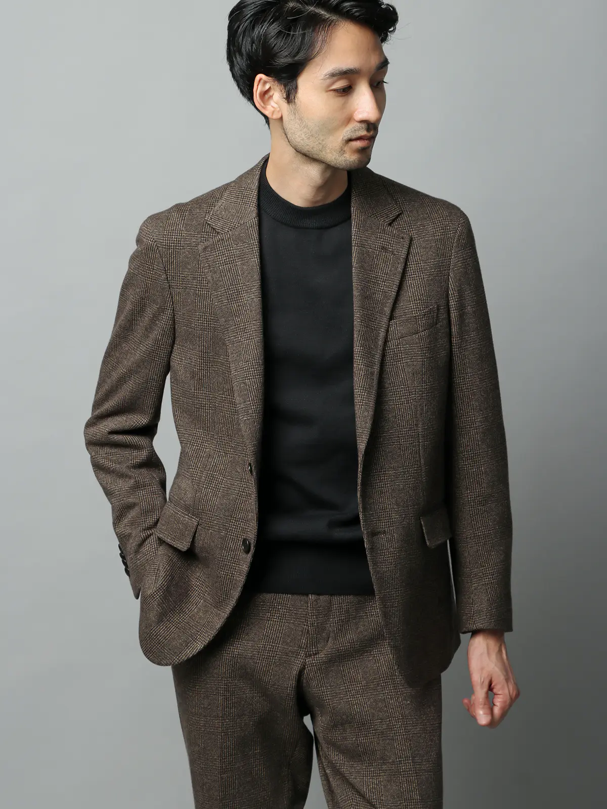 クルーネックニット／長袖／ウォッシャブル／オーガニックコットンブレンド天竺／無地 ブラック S