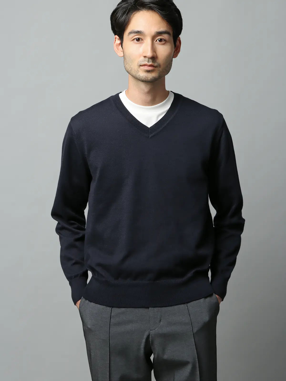 Vネックニット/長袖/ウォッシャブル/オーガニックコットンブレンド天竺/無地 ネイビー S