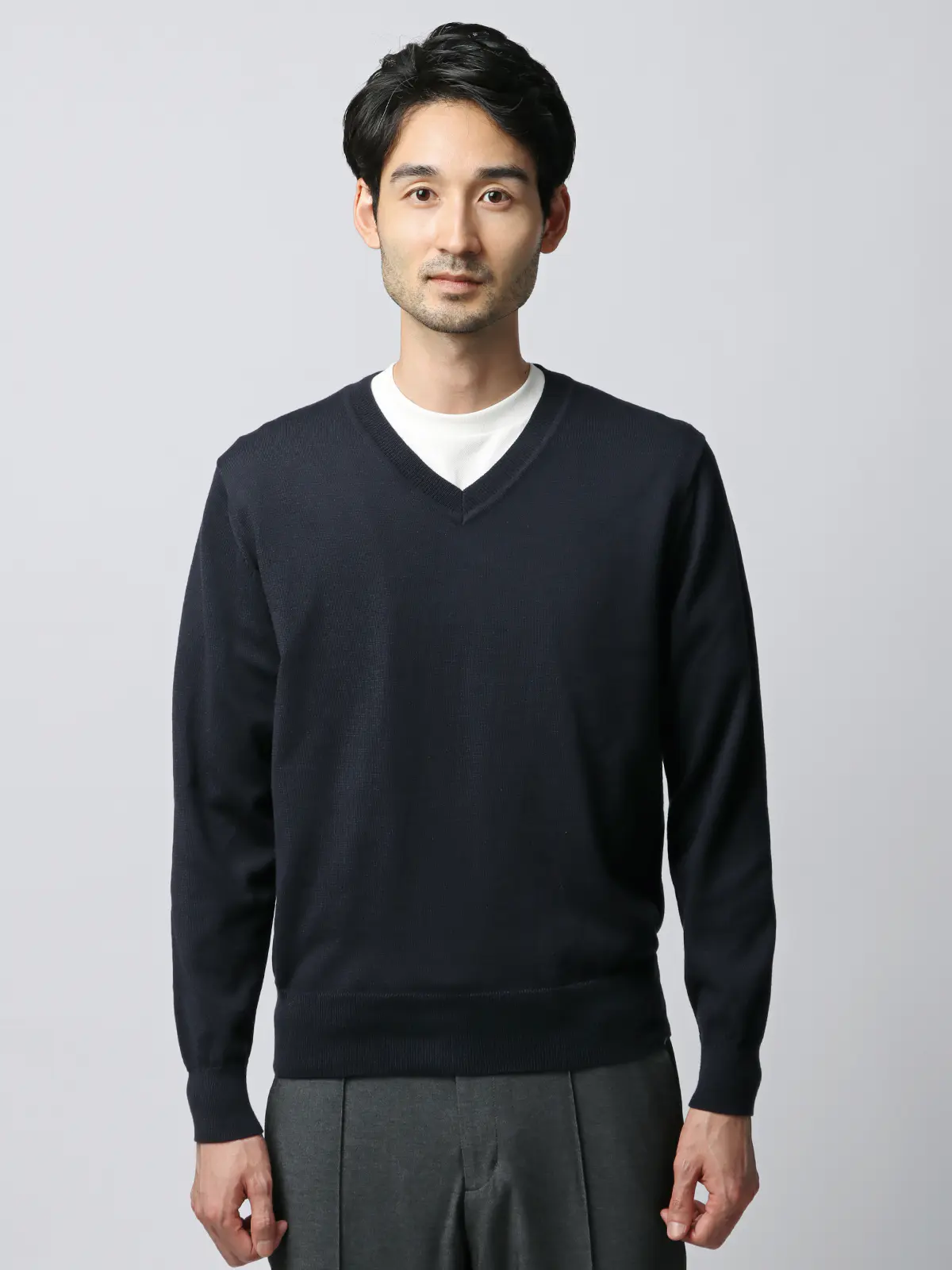 Vネックニット/長袖/ウォッシャブル/オーガニックコットンブレンド天竺/無地 ネイビー S