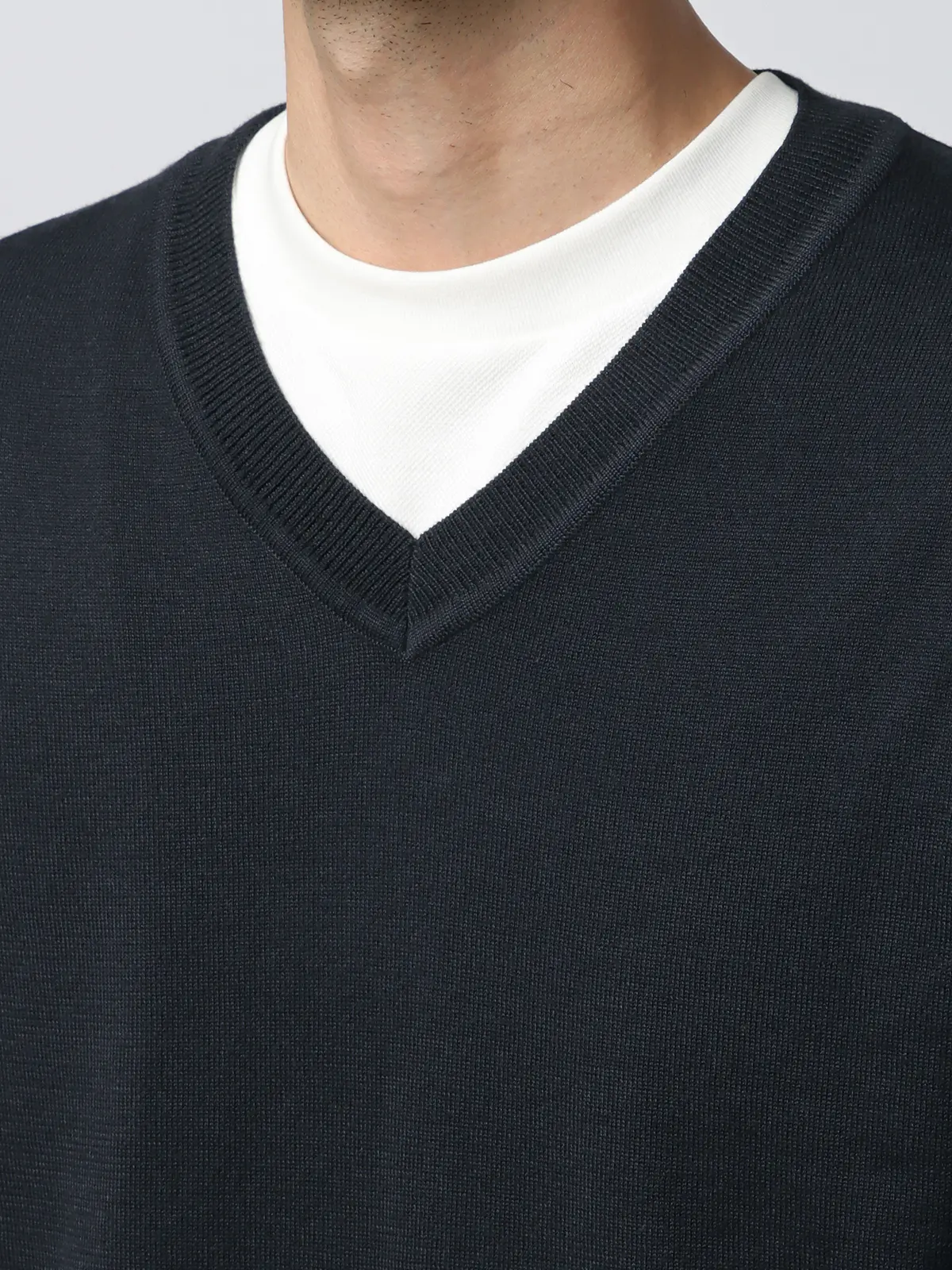 Vネックニット/長袖/ウォッシャブル/オーガニックコットンブレンド天竺/無地 ネイビー S