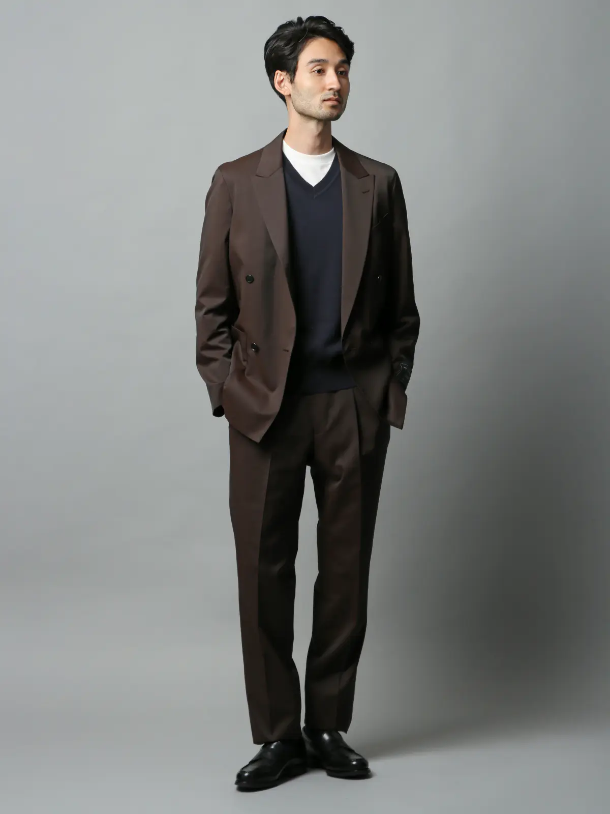 Vネックニット/長袖/ウォッシャブル/オーガニックコットンブレンド天竺/無地 ネイビー S