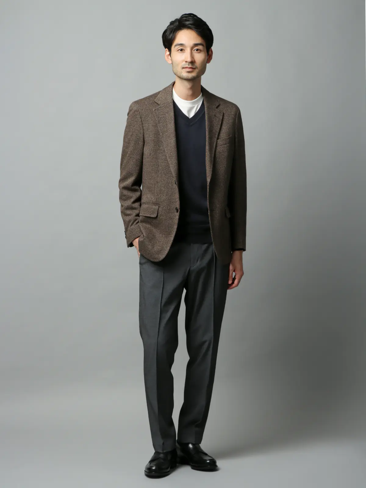 Vネックニット/長袖/ウォッシャブル/オーガニックコットンブレンド天竺/無地 ネイビー S