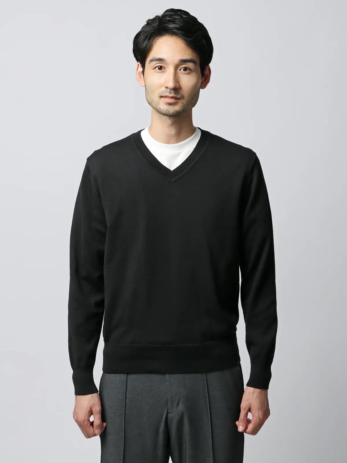 Vネックニット／長袖／ウォッシャブル／オーガニックコットンブレンド天竺／無地 ブラック S