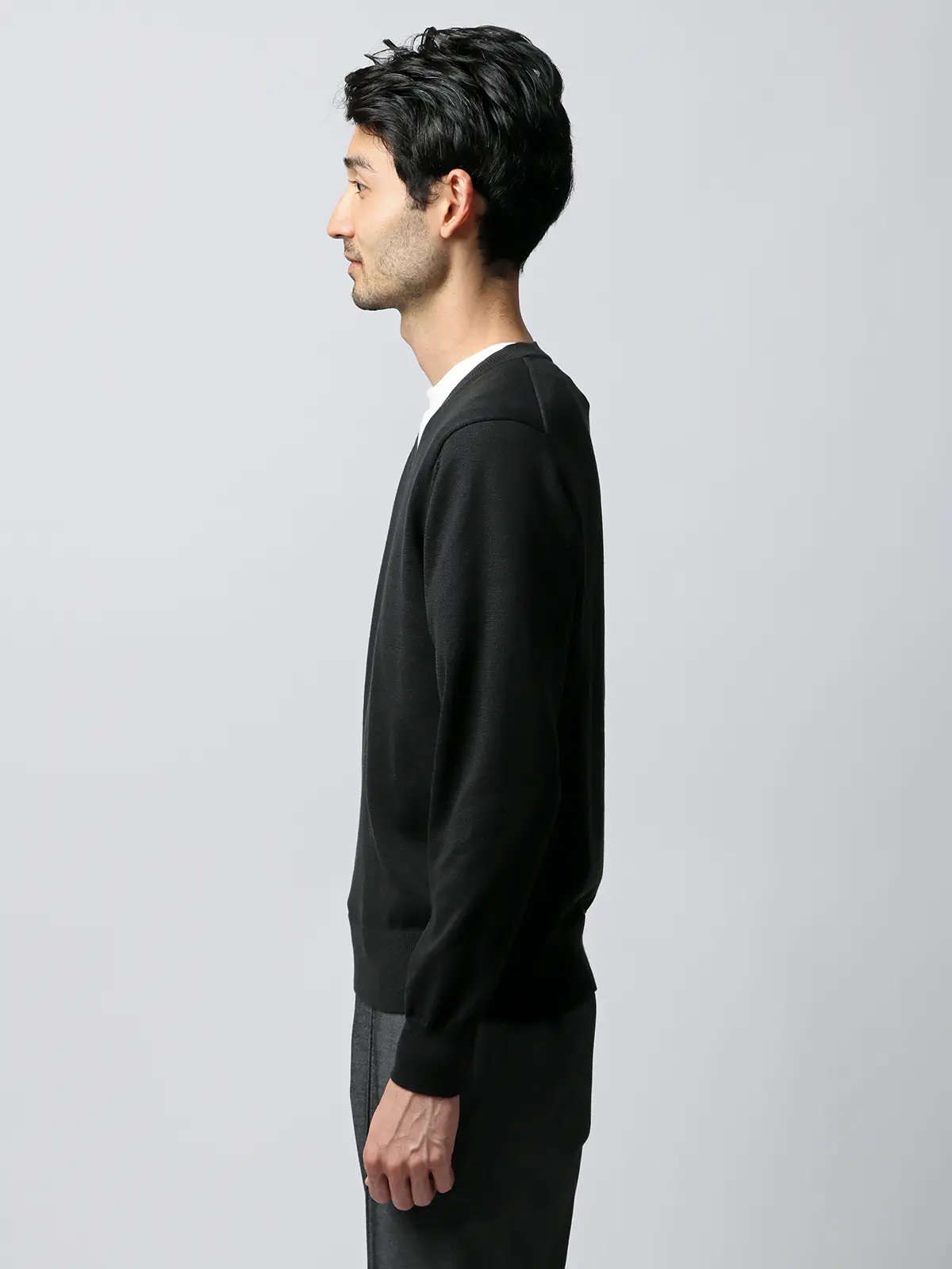 Vネックニット／長袖／ウォッシャブル／オーガニックコットンブレンド天竺／無地 ブラック S