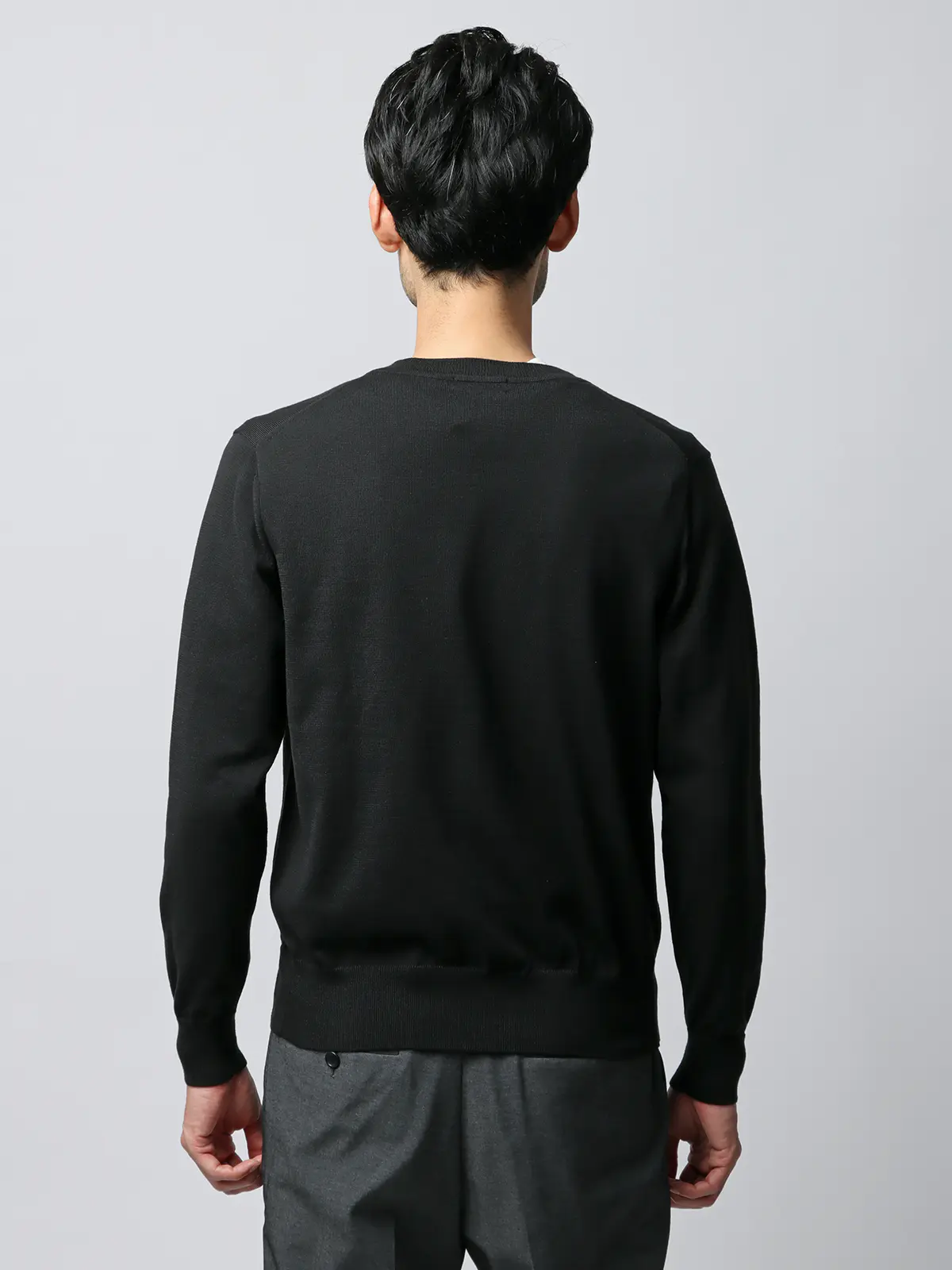 Vネックニット／長袖／ウォッシャブル／オーガニックコットンブレンド天竺／無地 ブラック S