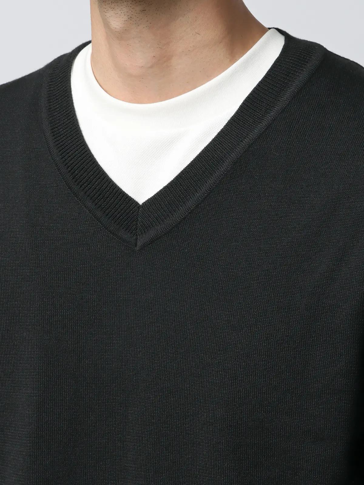 Vネックニット／長袖／ウォッシャブル／オーガニックコットンブレンド天竺／無地 ブラック S