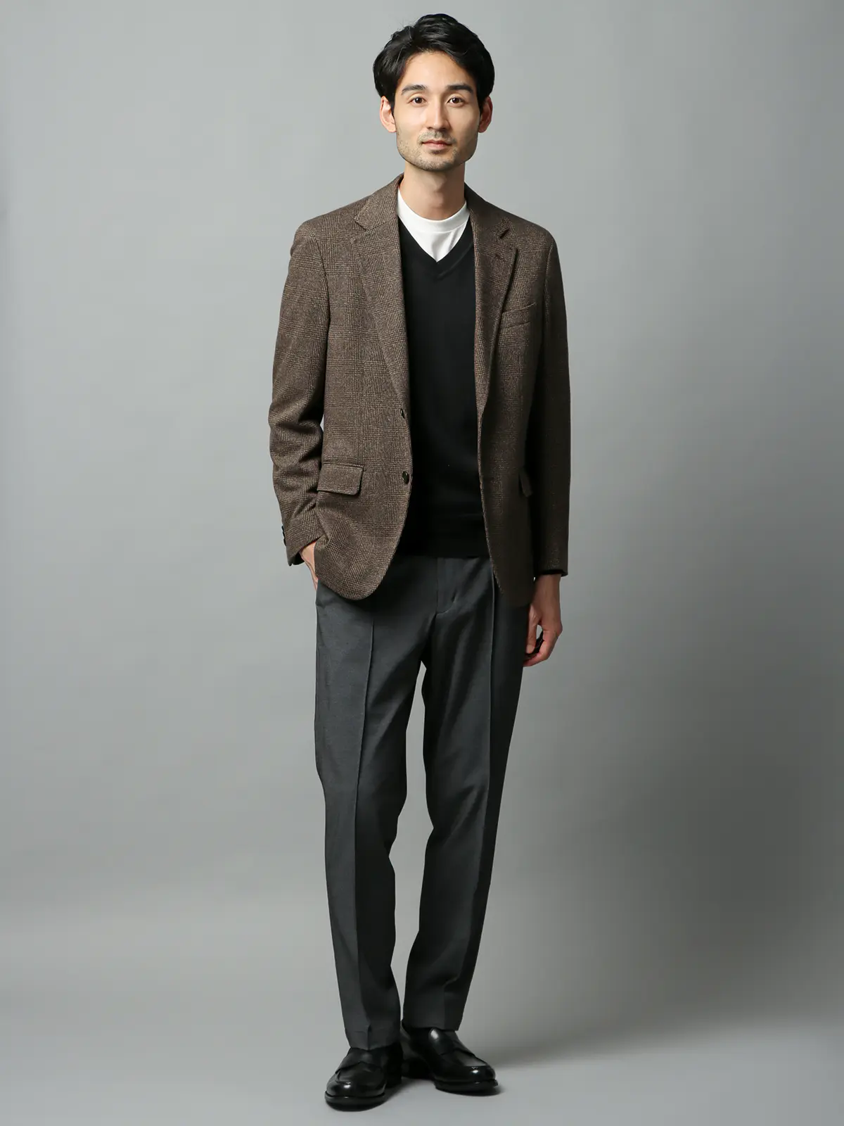 Vネックニット／長袖／ウォッシャブル／オーガニックコットンブレンド天竺／無地 ブラック S