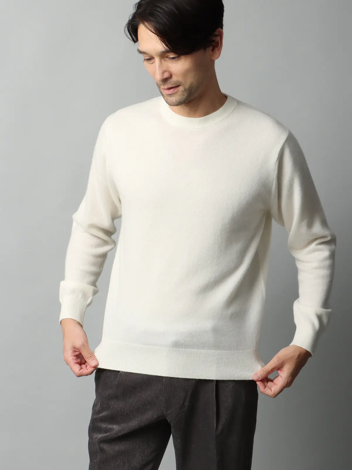 クルーネックニット/長袖/カシミヤ/無地 オフホワイト S