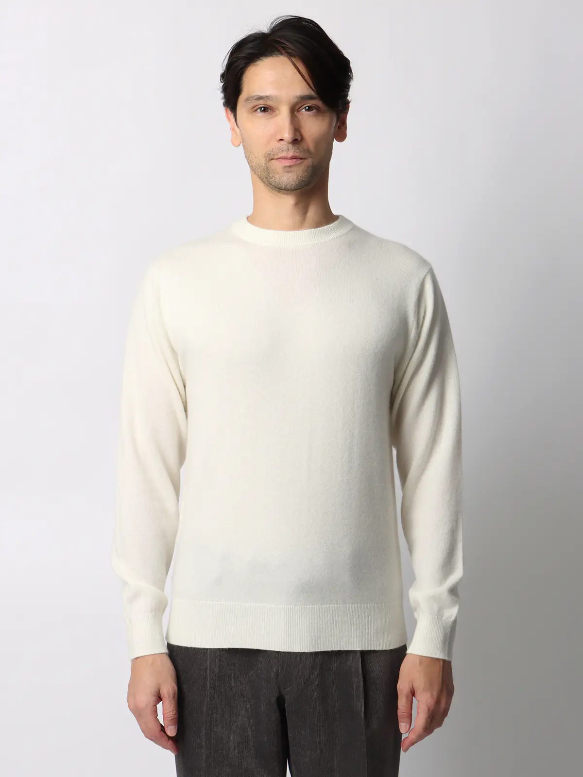 クルーネックニット/長袖/カシミヤ/無地 オフホワイト S
