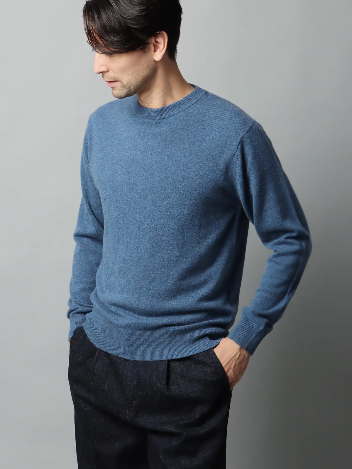 クルーネックニット/長袖/カシミヤ/無地 ブルー M